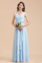 Light Blue V-Neck Chiffon A-Line Long Bridesmaid Dress