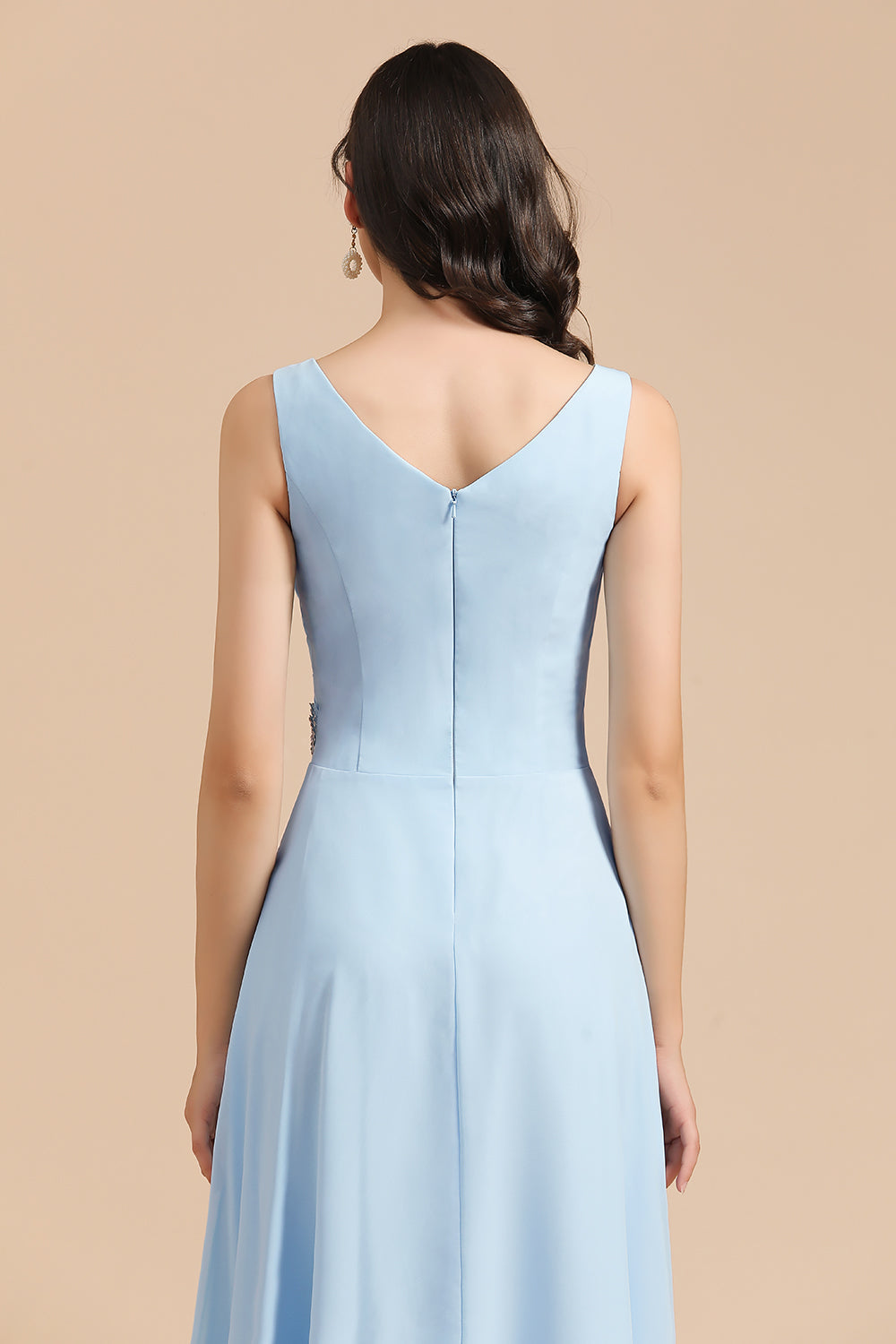 Light Blue V-Neck Chiffon A-Line Long Bridesmaid Dress Back Detail