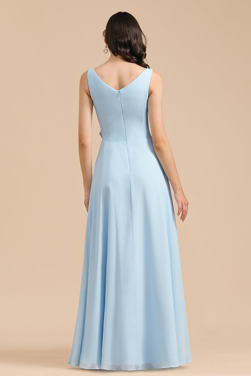 Light Blue V-Neck Chiffon A-Line Long Bridesmaid Dress Back View