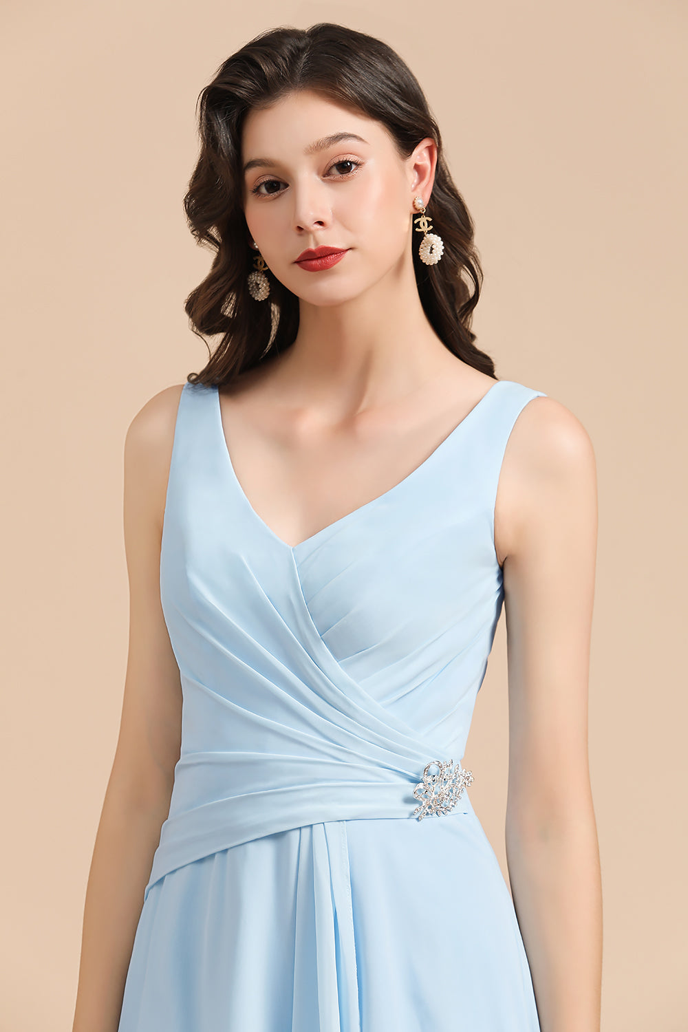 Light Blue V-Neck Chiffon A-Line Long Bridesmaid Dress Bodice Detail