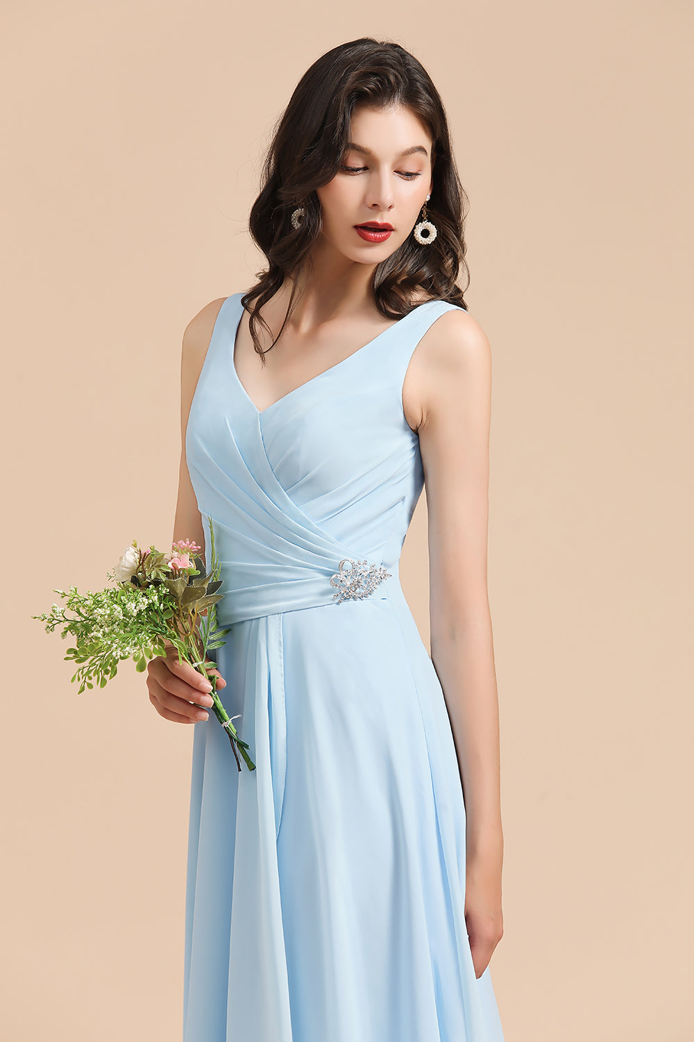 Light Blue V-Neck Chiffon A-Line Long Bridesmaid Dress Bodice Detail
