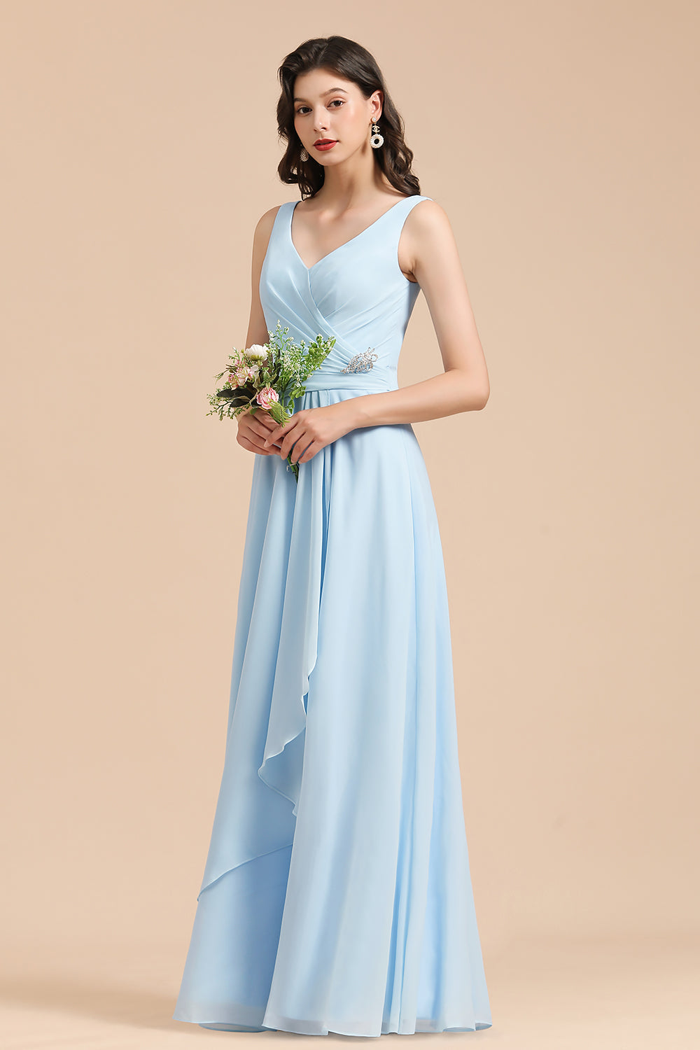 Light Blue V-Neck Chiffon A-Line Long Bridesmaid Dress Side View