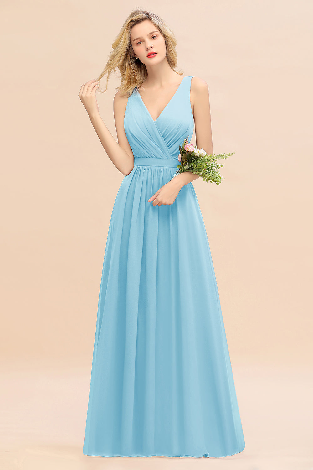 Light Blue V-Neck Chiffon A-Line Long Bridesmaid Dress with Ruching