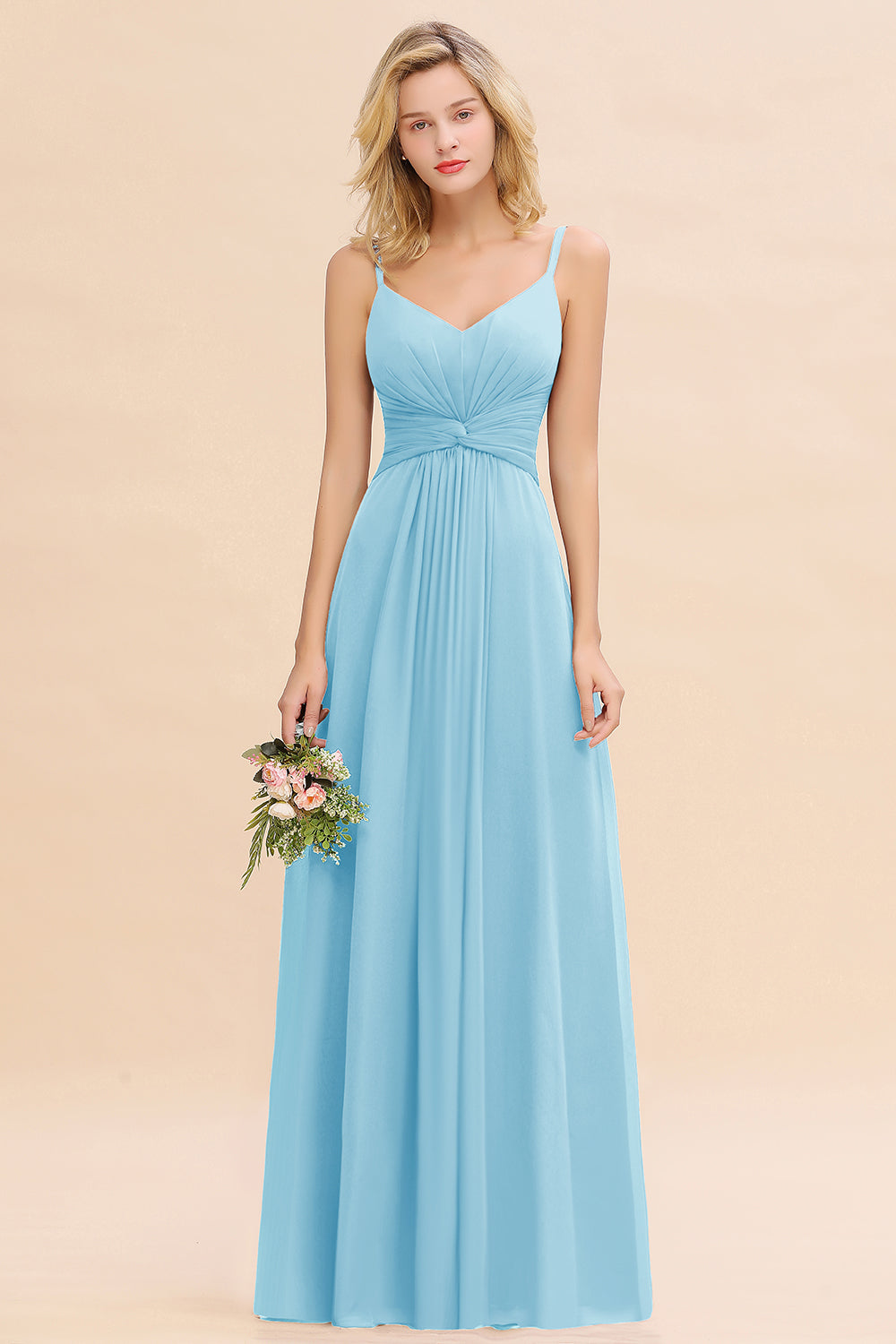 Light Blue V-Neck Chiffon A-Line Long Bridesmaid Dress with Ruching