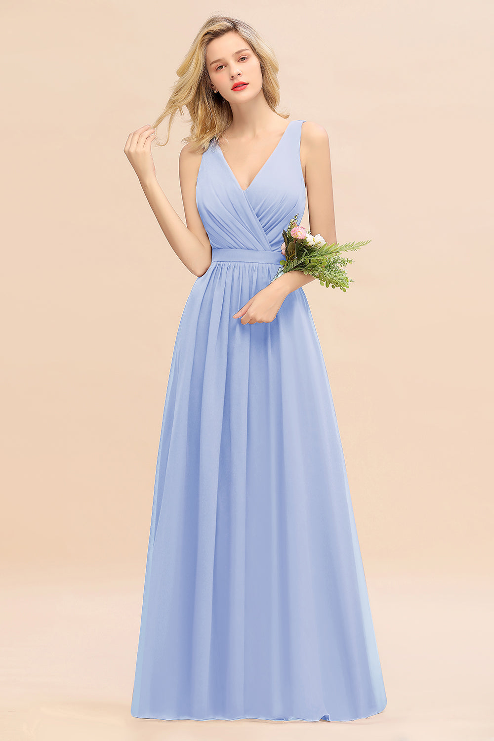 Light Blue V-Neck Chiffon A-Line Long Bridesmaid Dress with Ruching