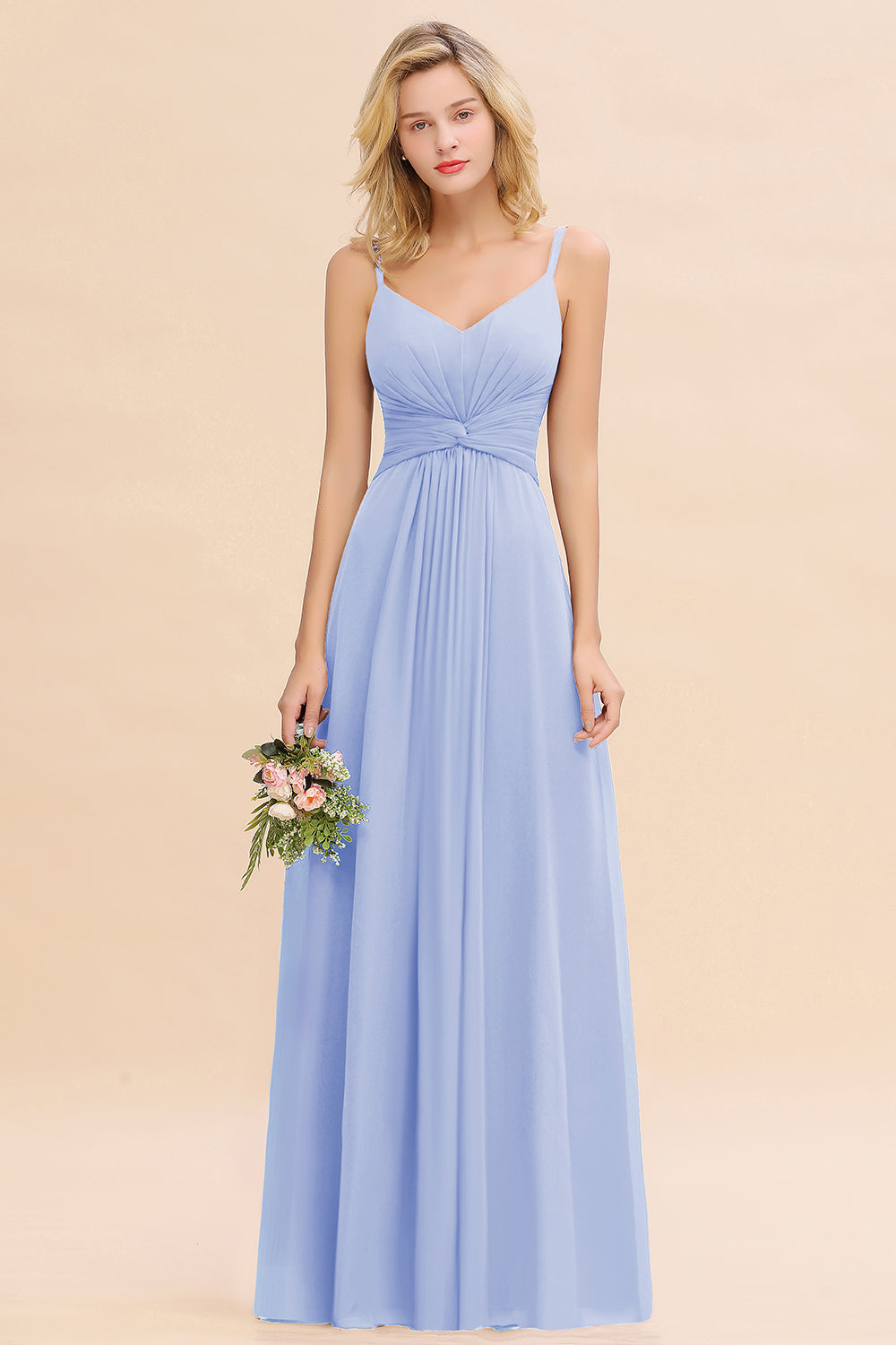 Light Blue V-Neck Chiffon A-Line Long Bridesmaid Dress with Ruching