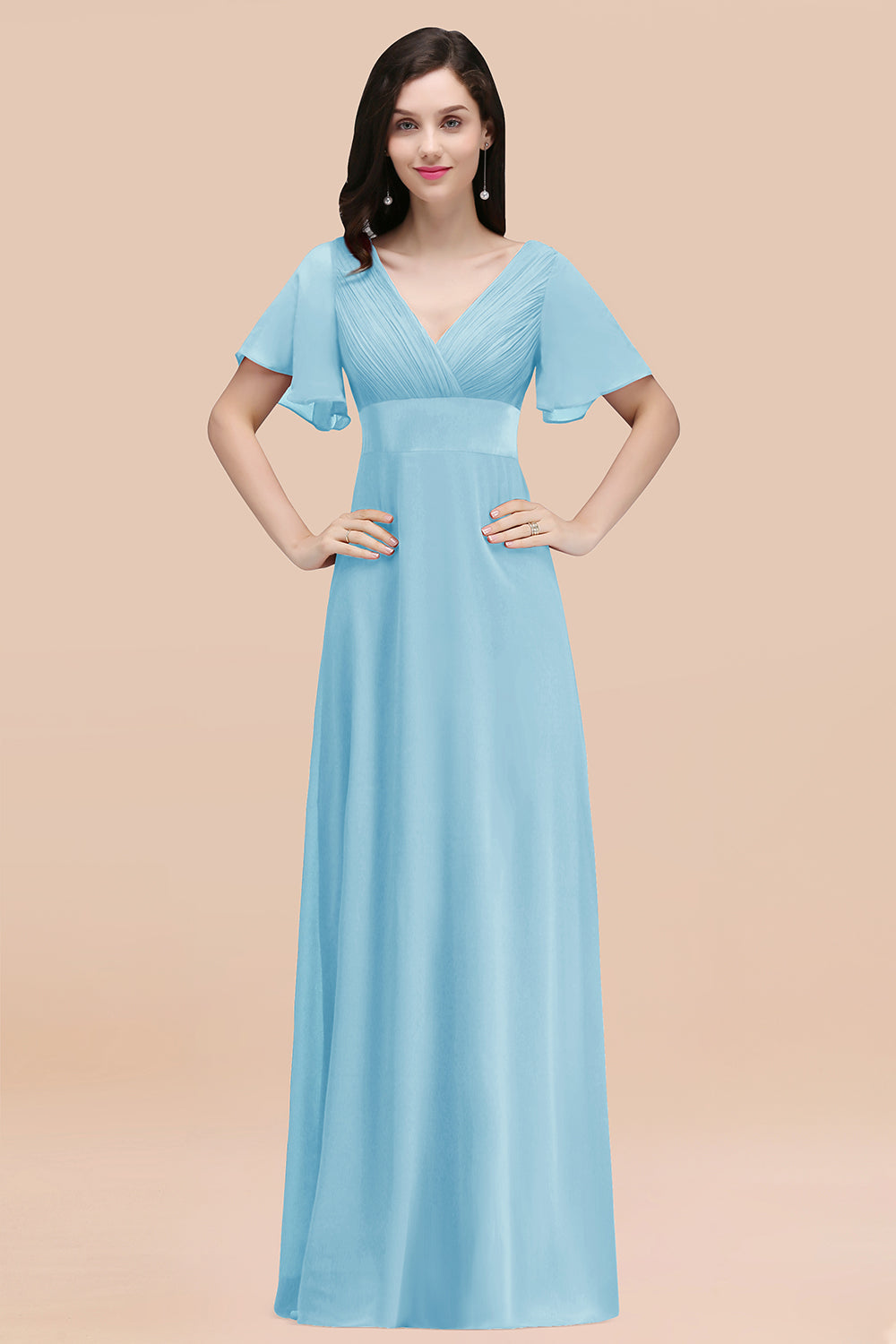 Light Blue V-Neck Chiffon Empire Long Bridesmaid Dress with Pleats