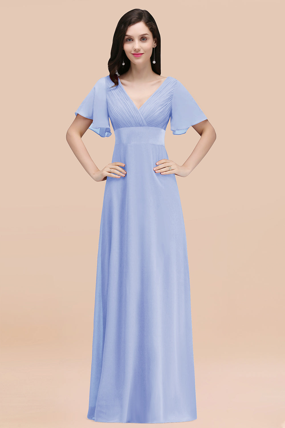 Light Blue V-Neck Chiffon Empire Long Bridesmaid Dress with Pleats
