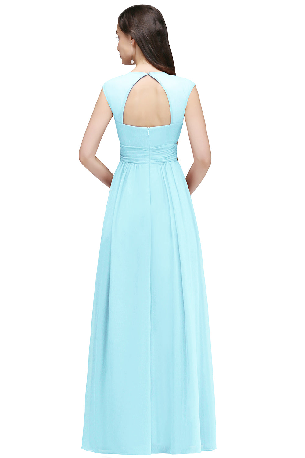 Light Blue V-Neck Chiffon Empire Long Bridesmaid Dress with Rhinestones Back View
