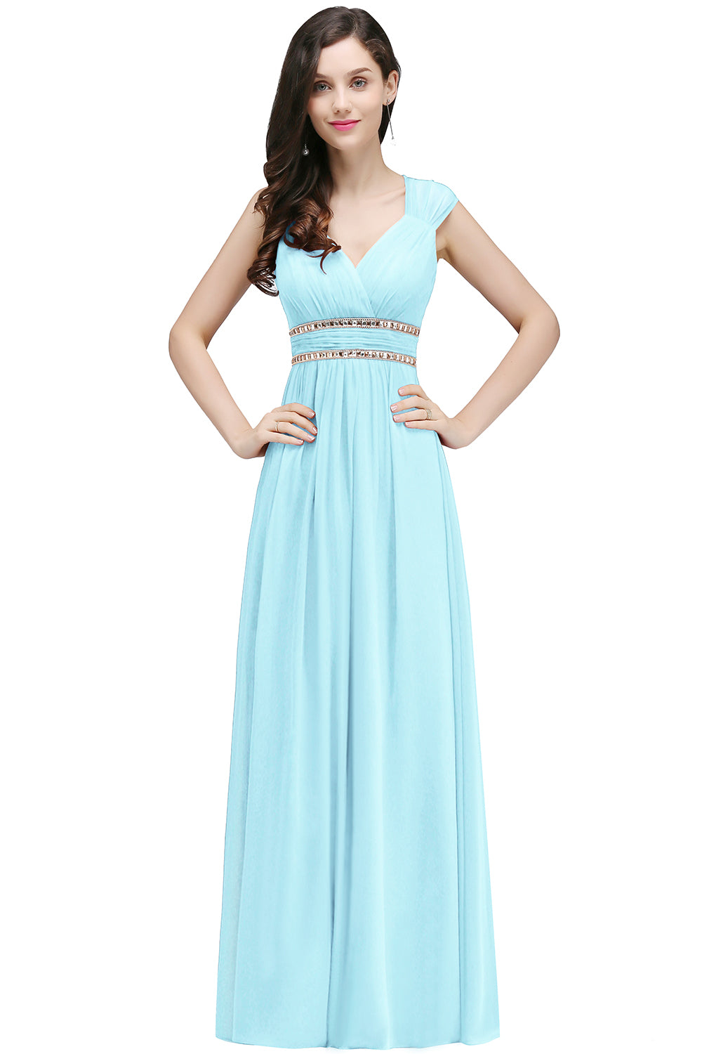 Light Blue V-Neck Chiffon Empire Long Bridesmaid Dress with Rhinestones