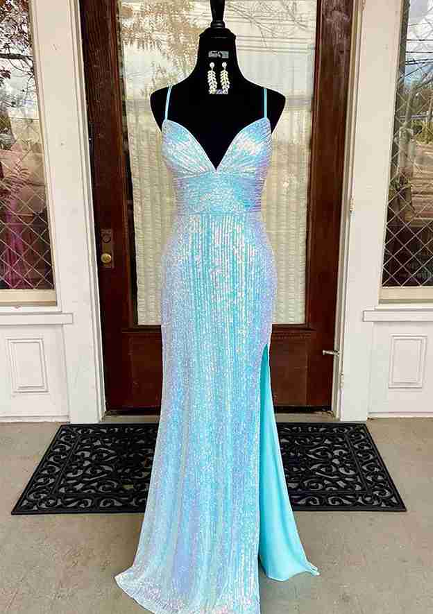 Light Blue V-Neck Sequin Sheath Long Prom Dress with Slit