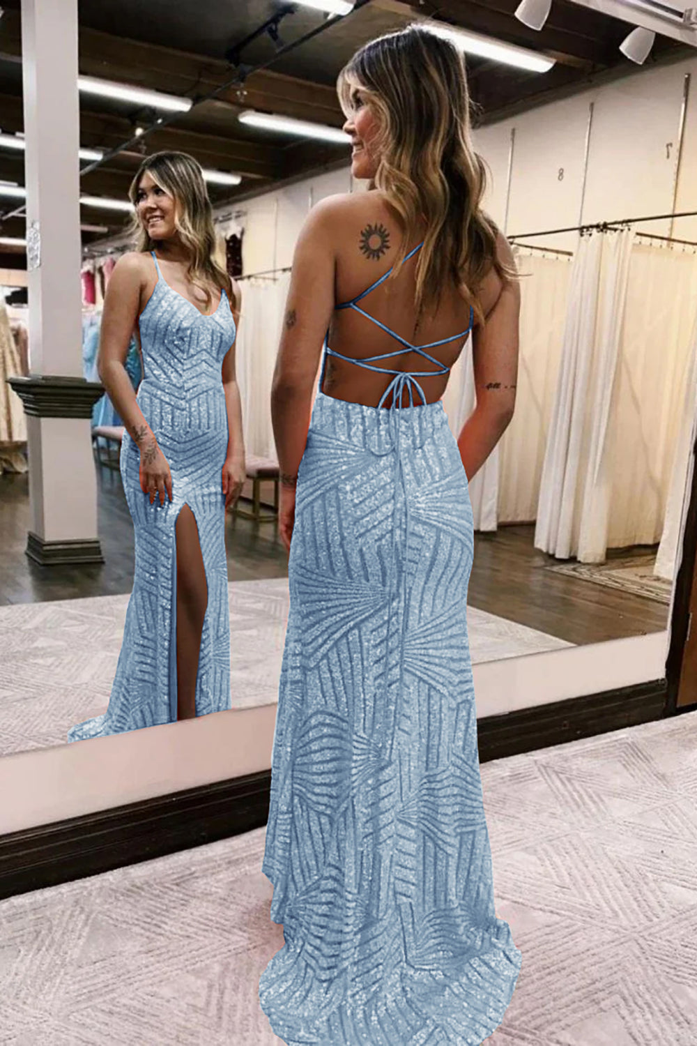 Light Blue V-Neck Sequin Sheath Long Prom Dress with Slit Back View