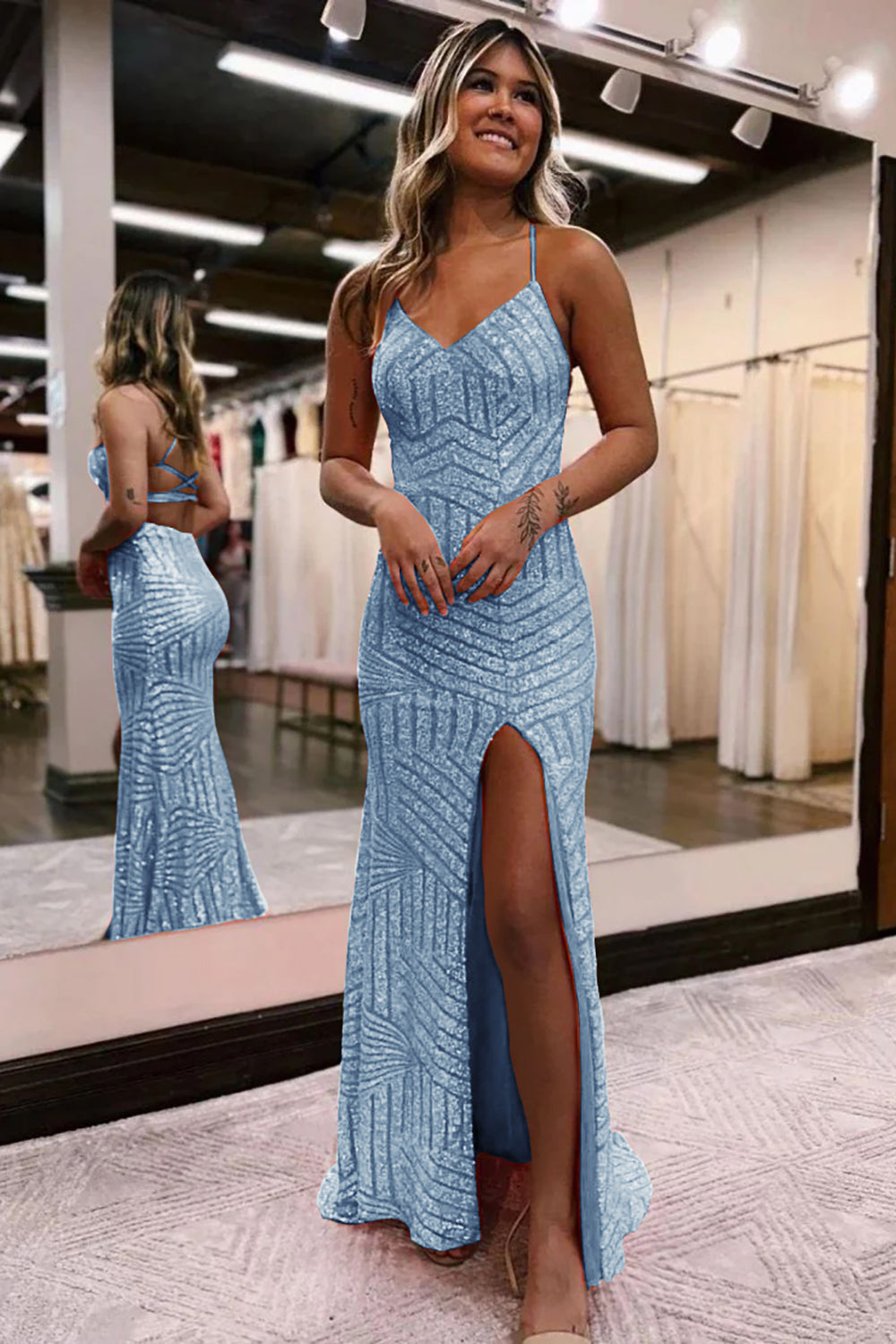 Light Blue V-Neck Sequin Sheath Long Prom Dress with Slit