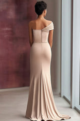 Light Khaki Ruched One Shoulder Sheath Long Satin Gala Dress