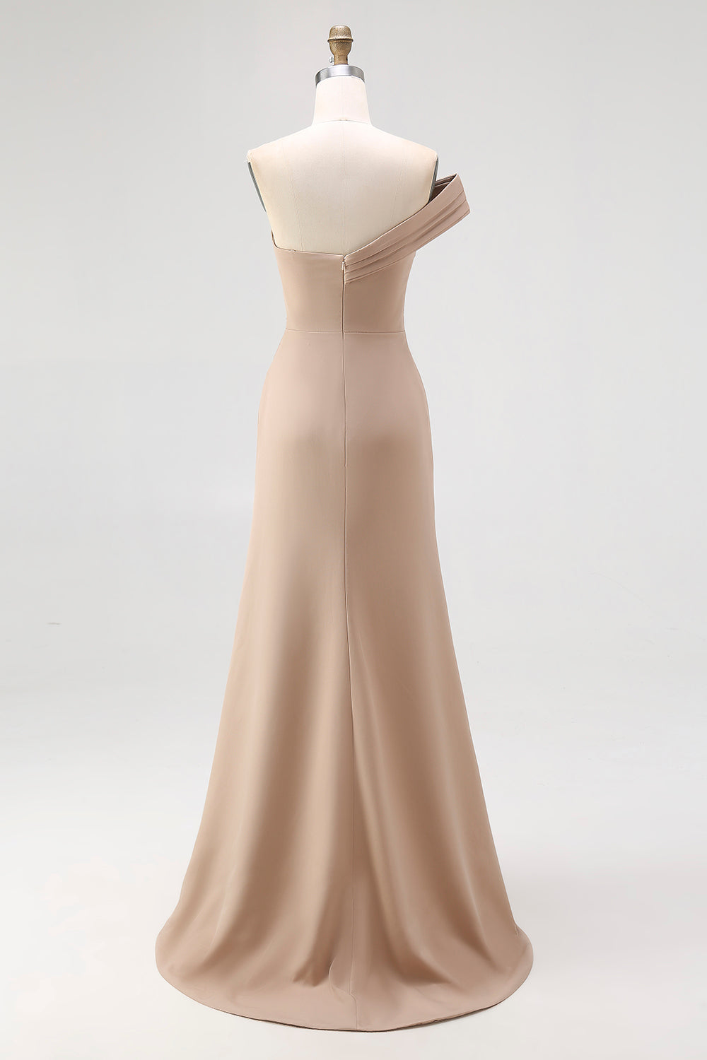 Light Khaki Ruched One Shoulder Sheath Long Satin Gala Dress