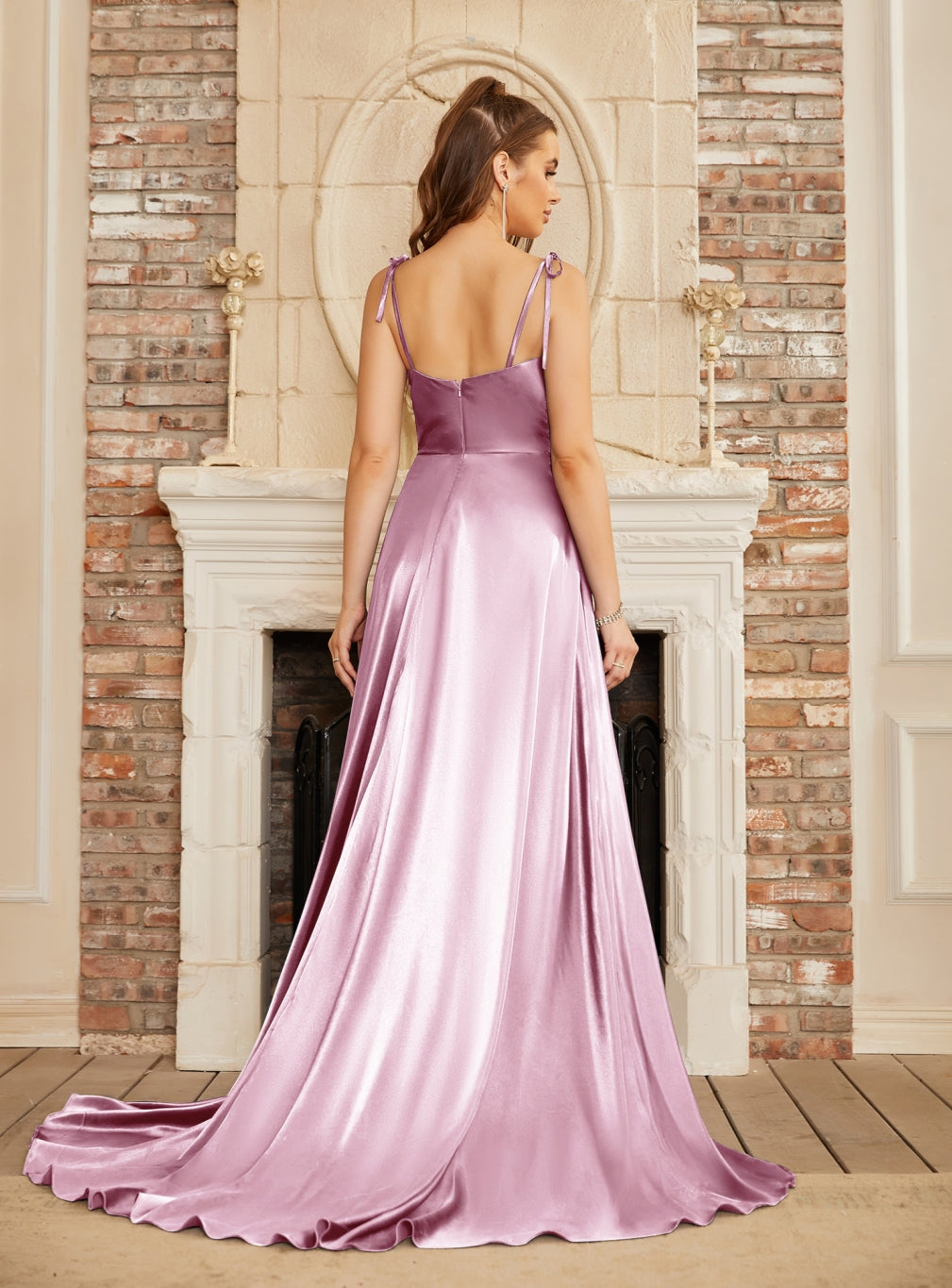 Lilac Cowl Neck Satin A-Line Long Prom Dress with Bow Back View