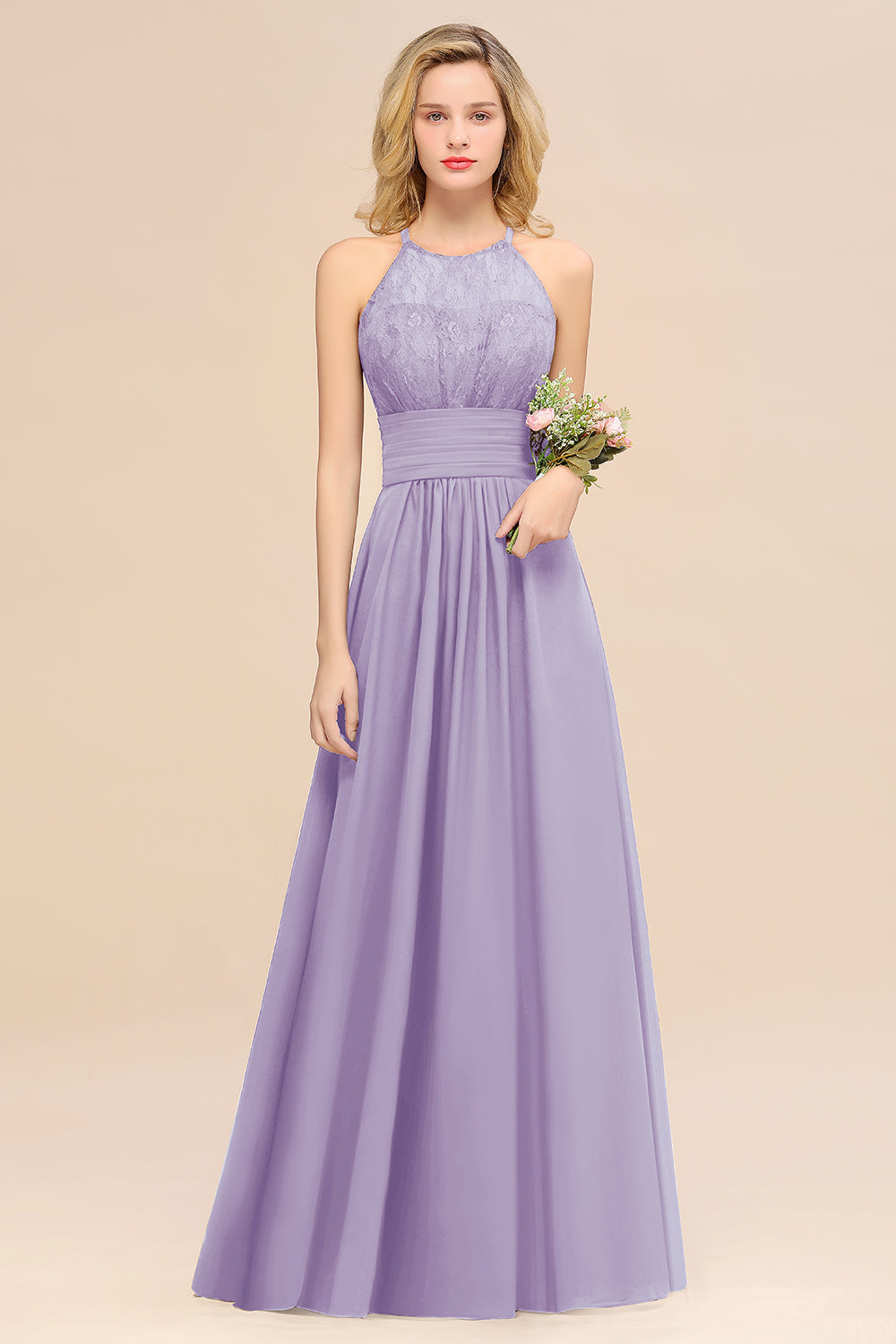 Lilac Halter Chiffon A-Line Long Bridesmaid Dress