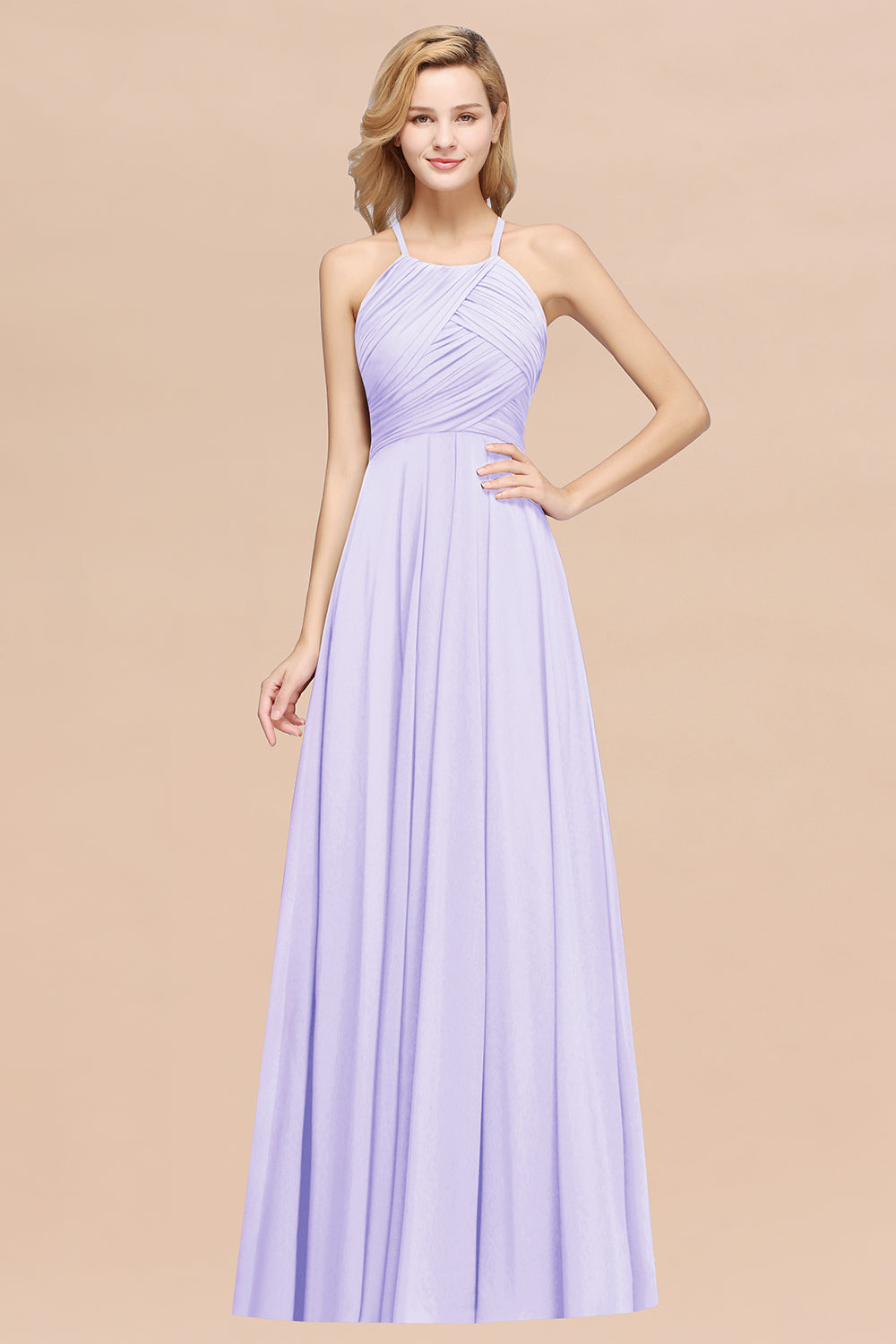 Lilac Halter Chiffon A-Line Long Bridesmaid Dress with Ruching
