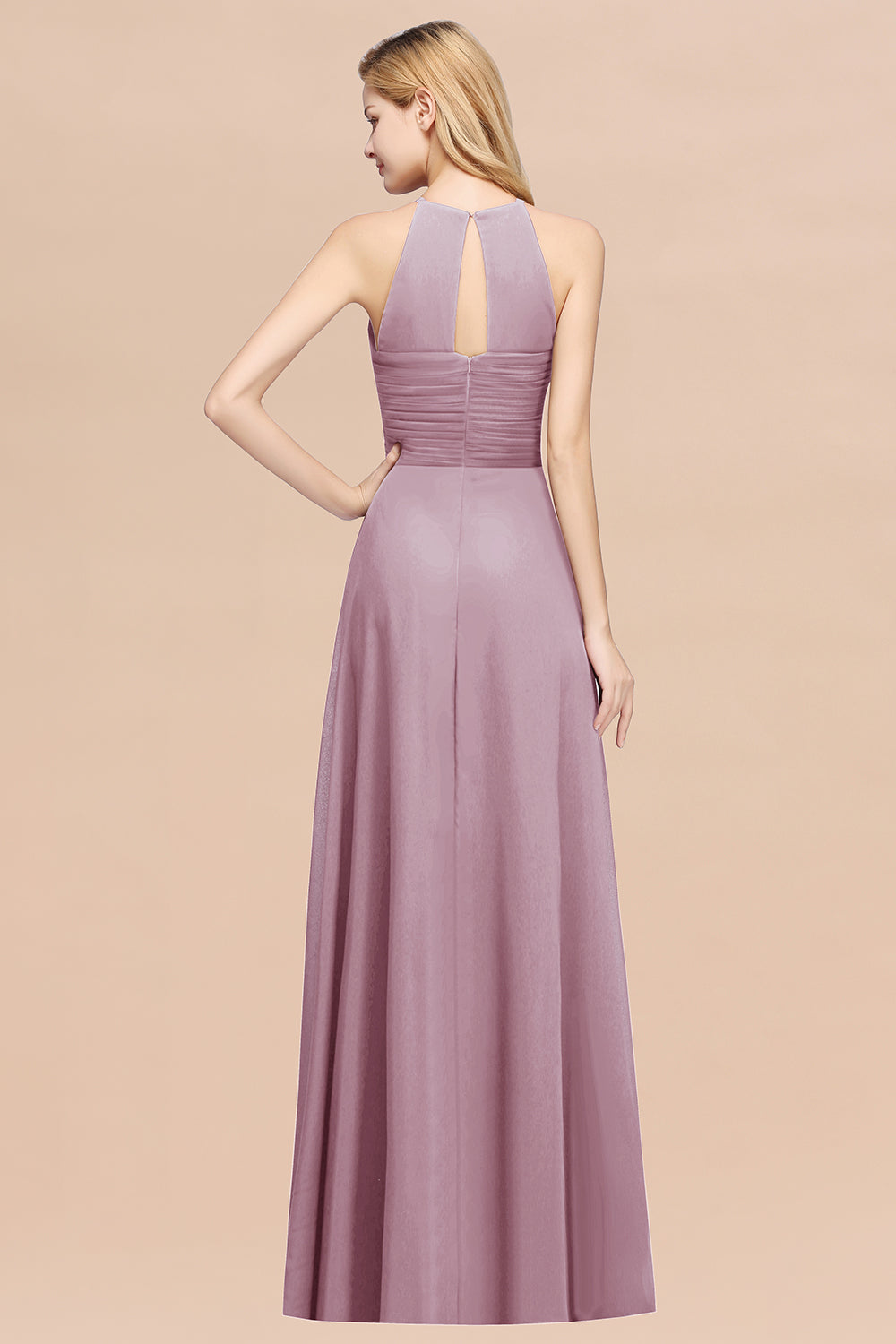 Lilac Halter Chiffon A-Line Long Bridesmaid Dress with Ruching Back View