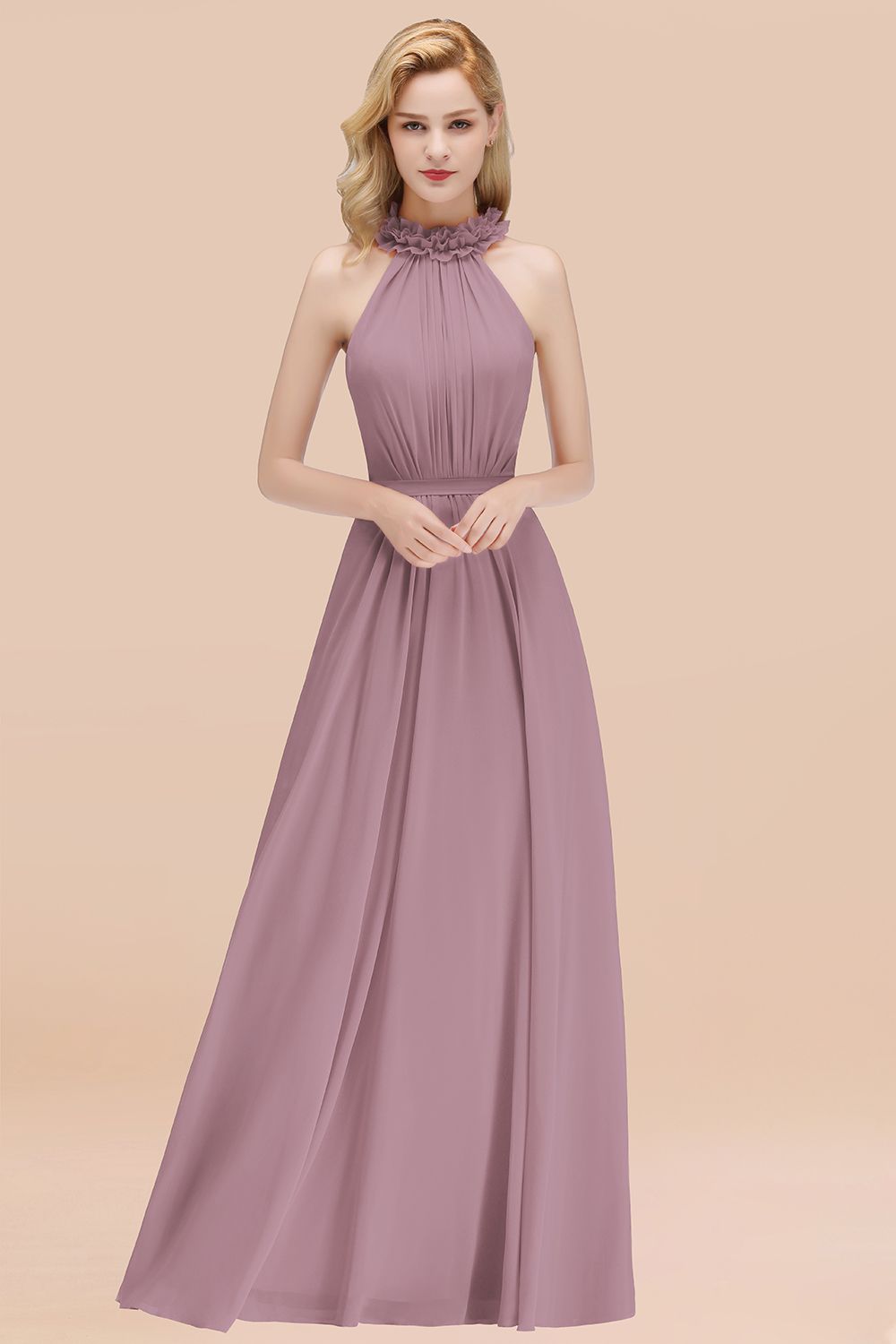 Lilac High Neck Chiffon A-Line Long Bridesmaid Dress