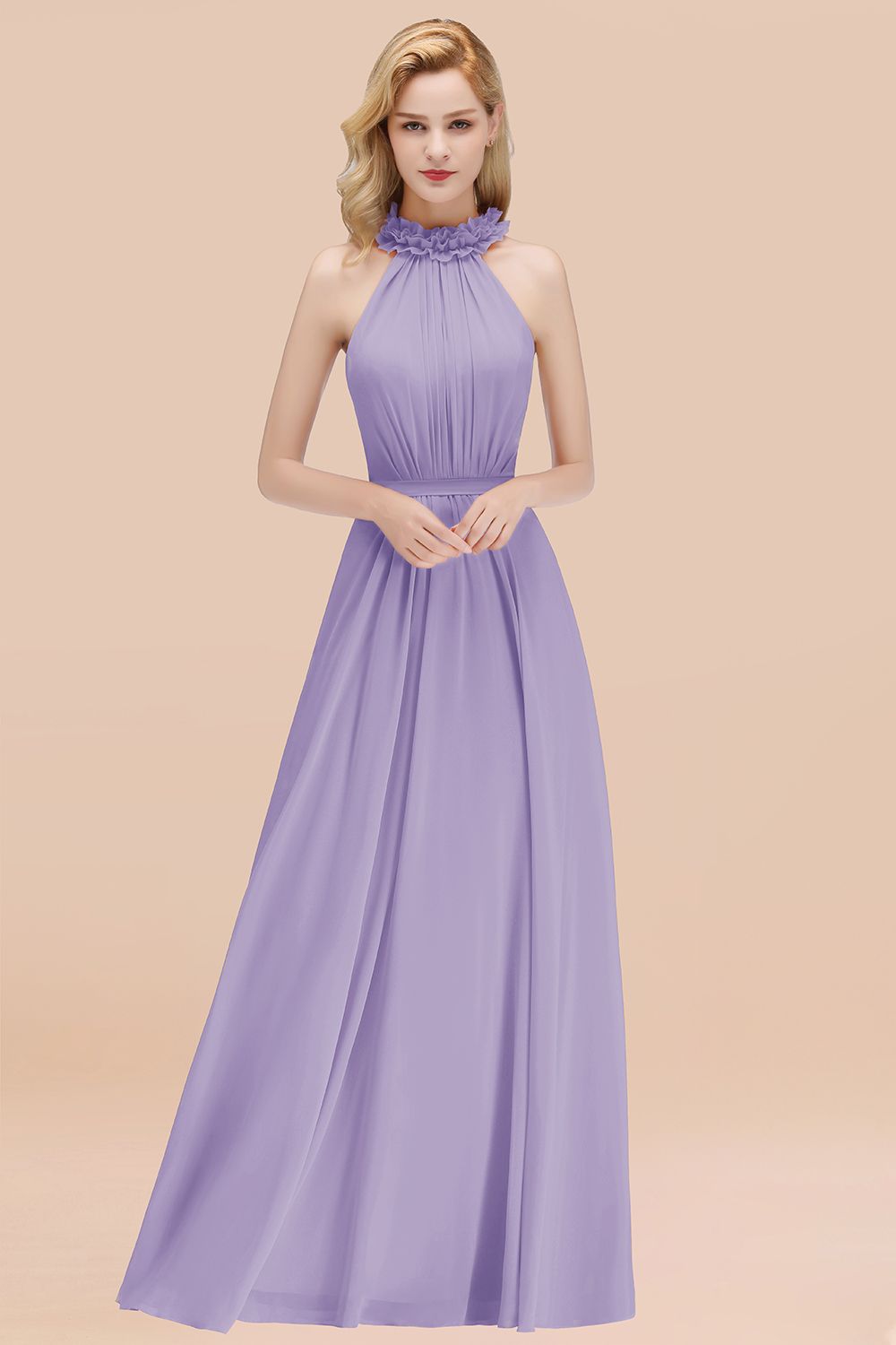 Lilac High Neck Chiffon A-Line Long Bridesmaid Dress