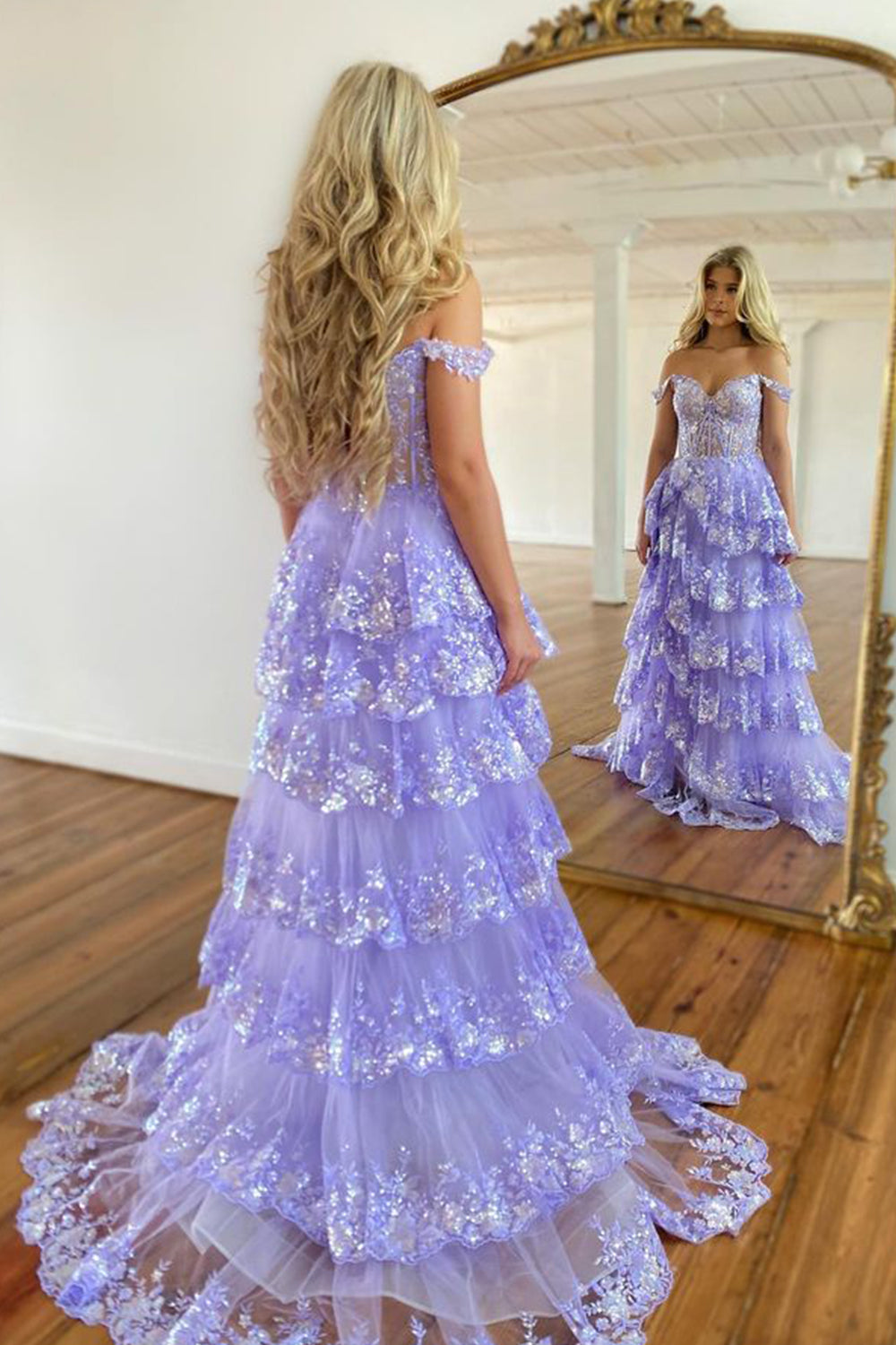 Lilac Off The Shoulder Tulle A-Line Long Prom Dress with Slit Back View