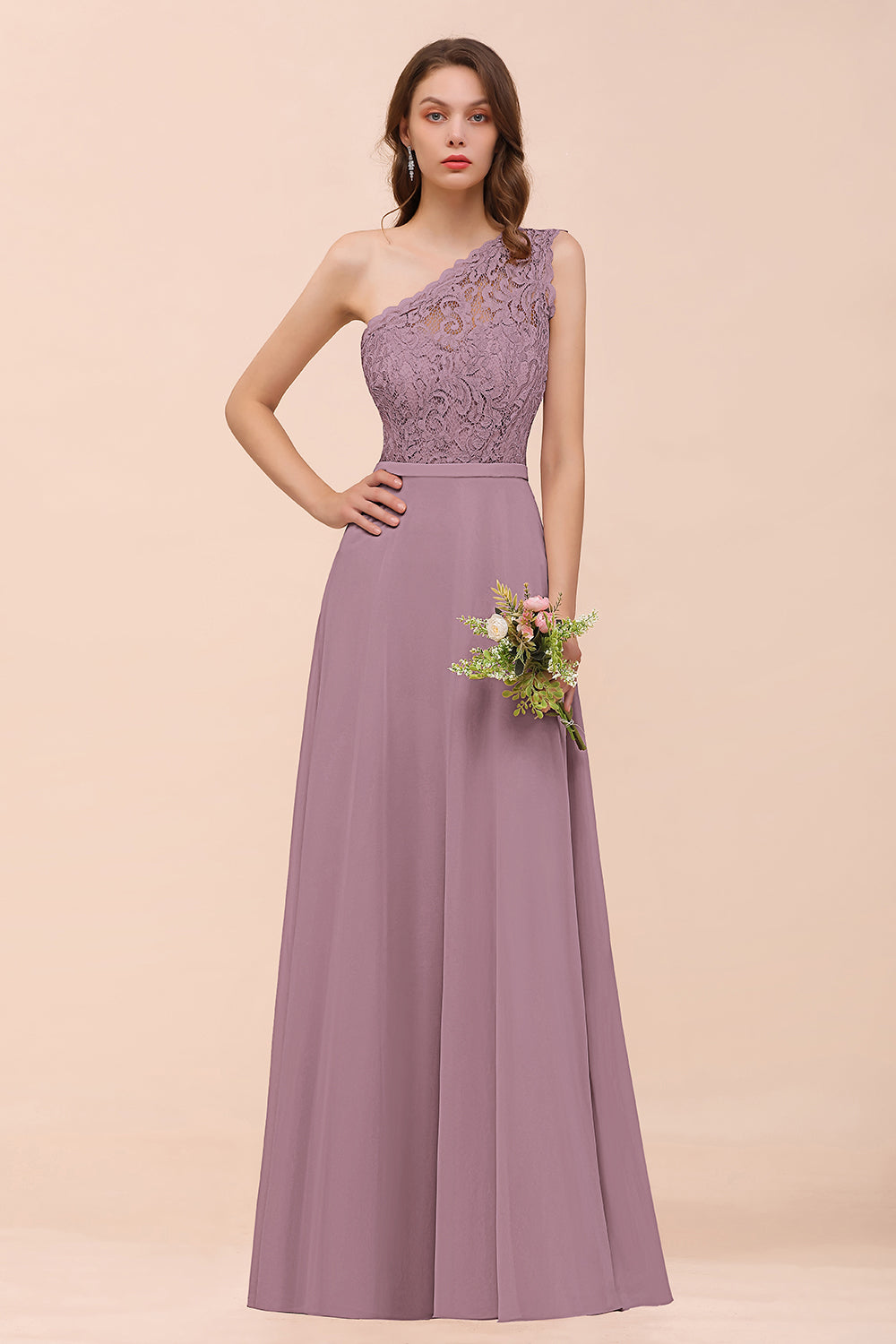 Lilac One Shoulder Chiffon A-Line Long Bridesmaid Dress