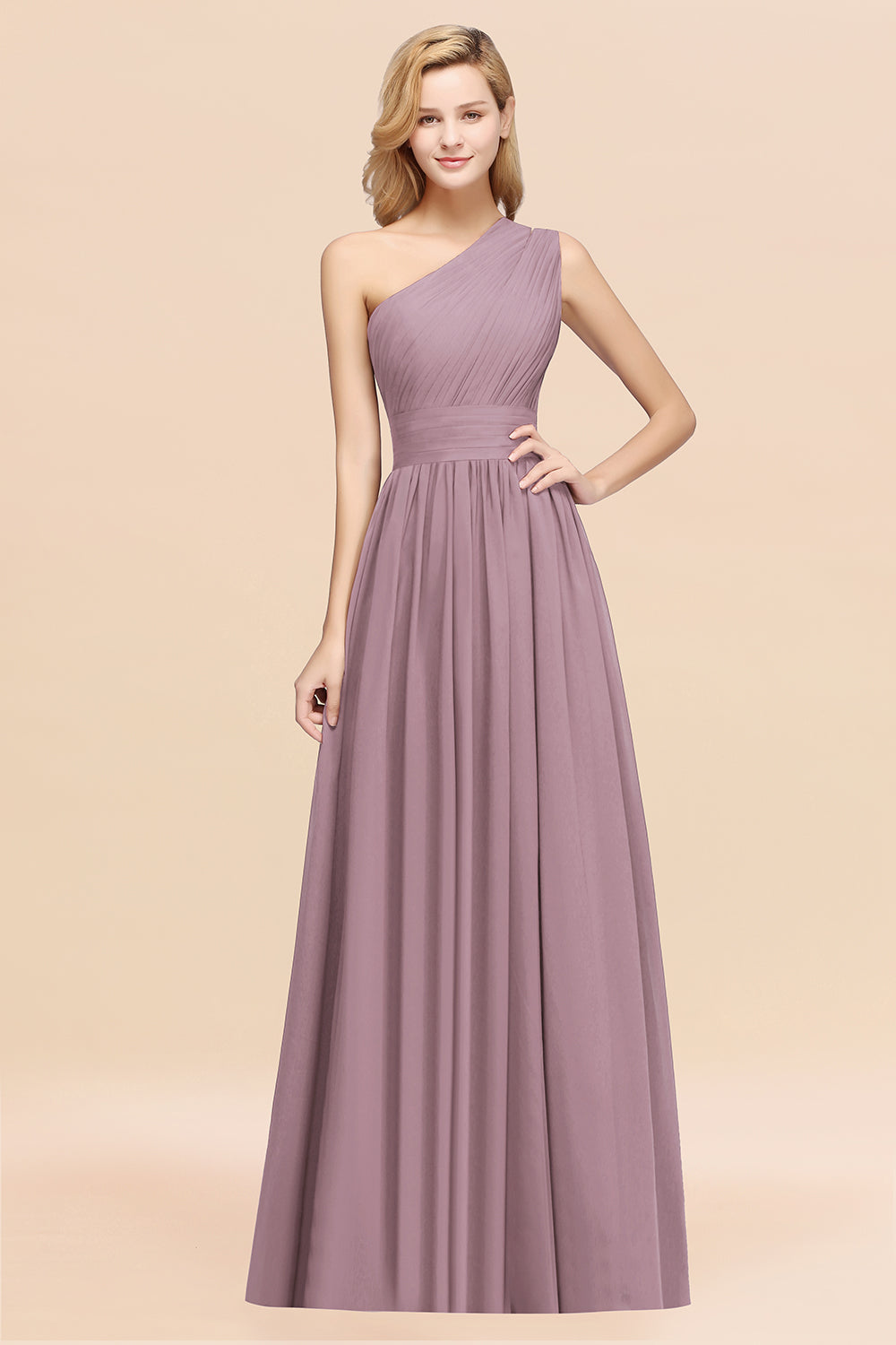 Lilac One Shoulder Chiffon A-Line Long Bridesmaid Dress