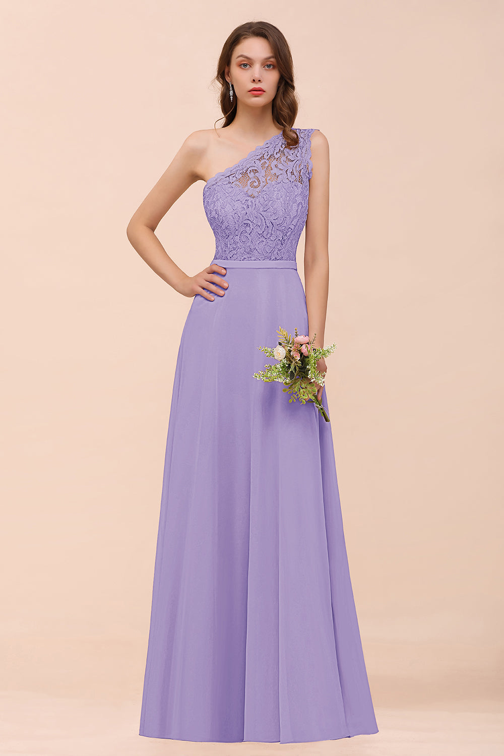 Lilac One Shoulder Chiffon A-Line Long Bridesmaid Dress