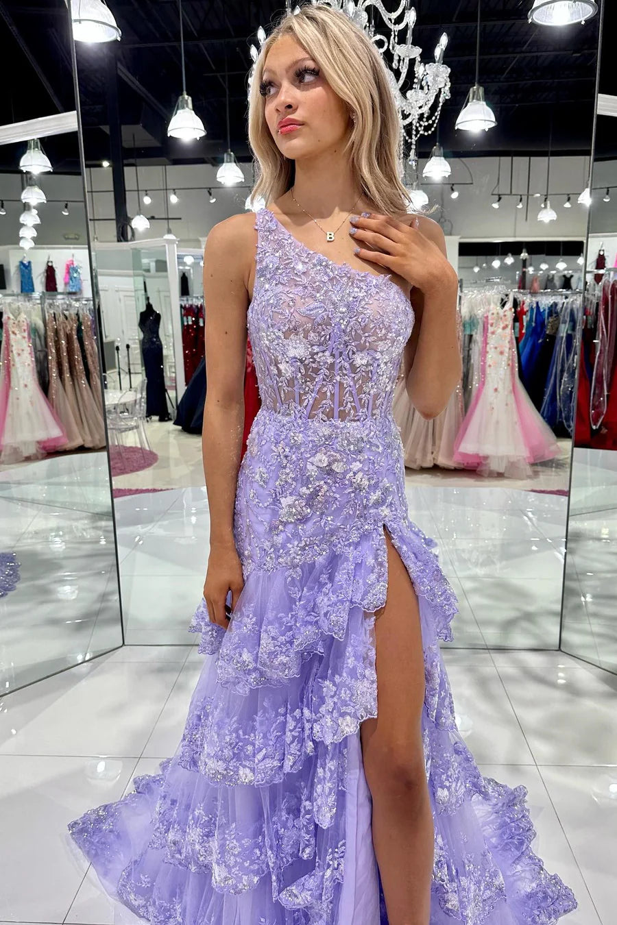 Lilac One Shoulder Tulle A-Line Long Prom Dress with Slit