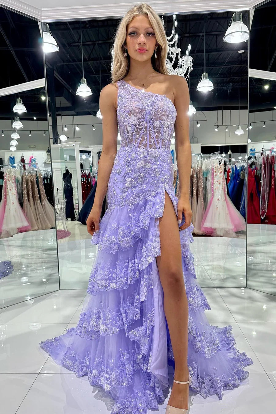 Lilac One Shoulder Tulle A-Line Long Prom Dress with Slit