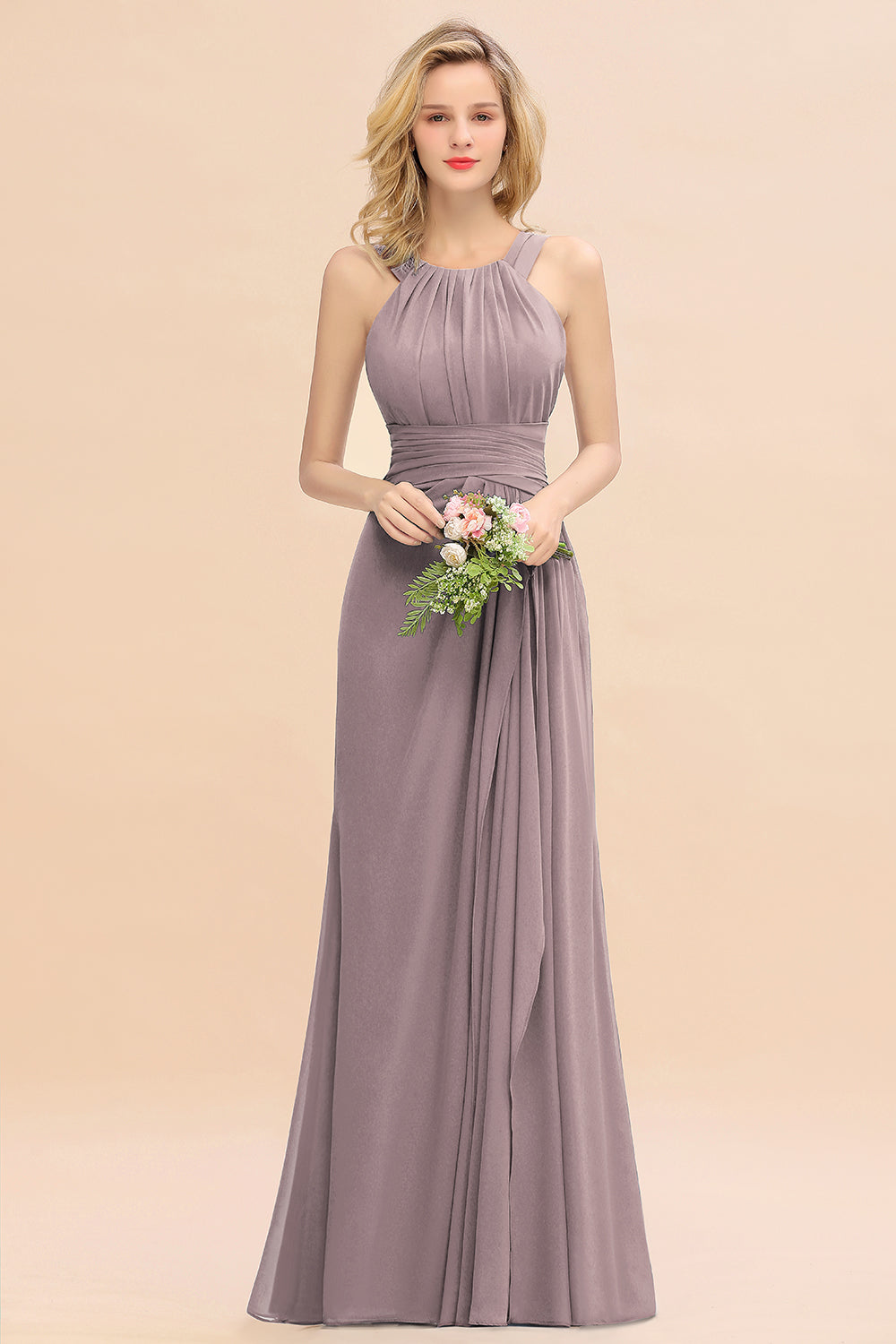 Lilac Scoop Neck Chiffon A-Line Long Bridesmaid Dress