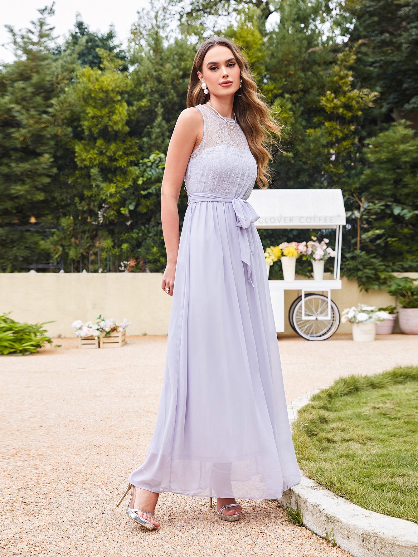 Lilac Scoop Neck Chiffon A-Line Long Bridesmaid Dress