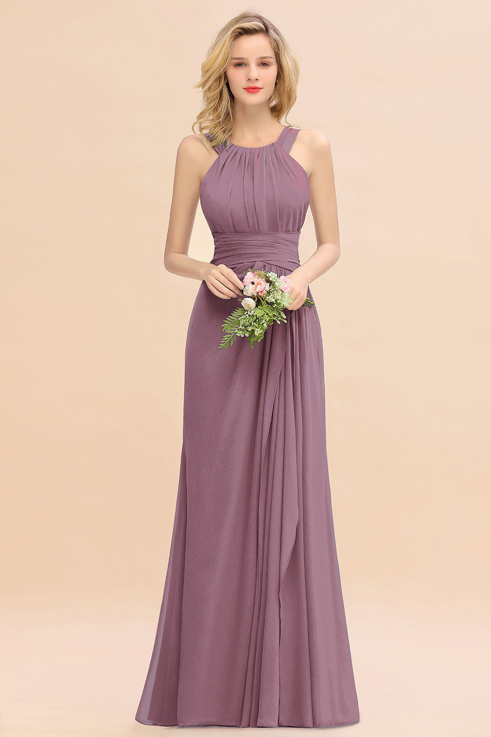 Lilac Scoop Neck Chiffon A-Line Long Bridesmaid Dress