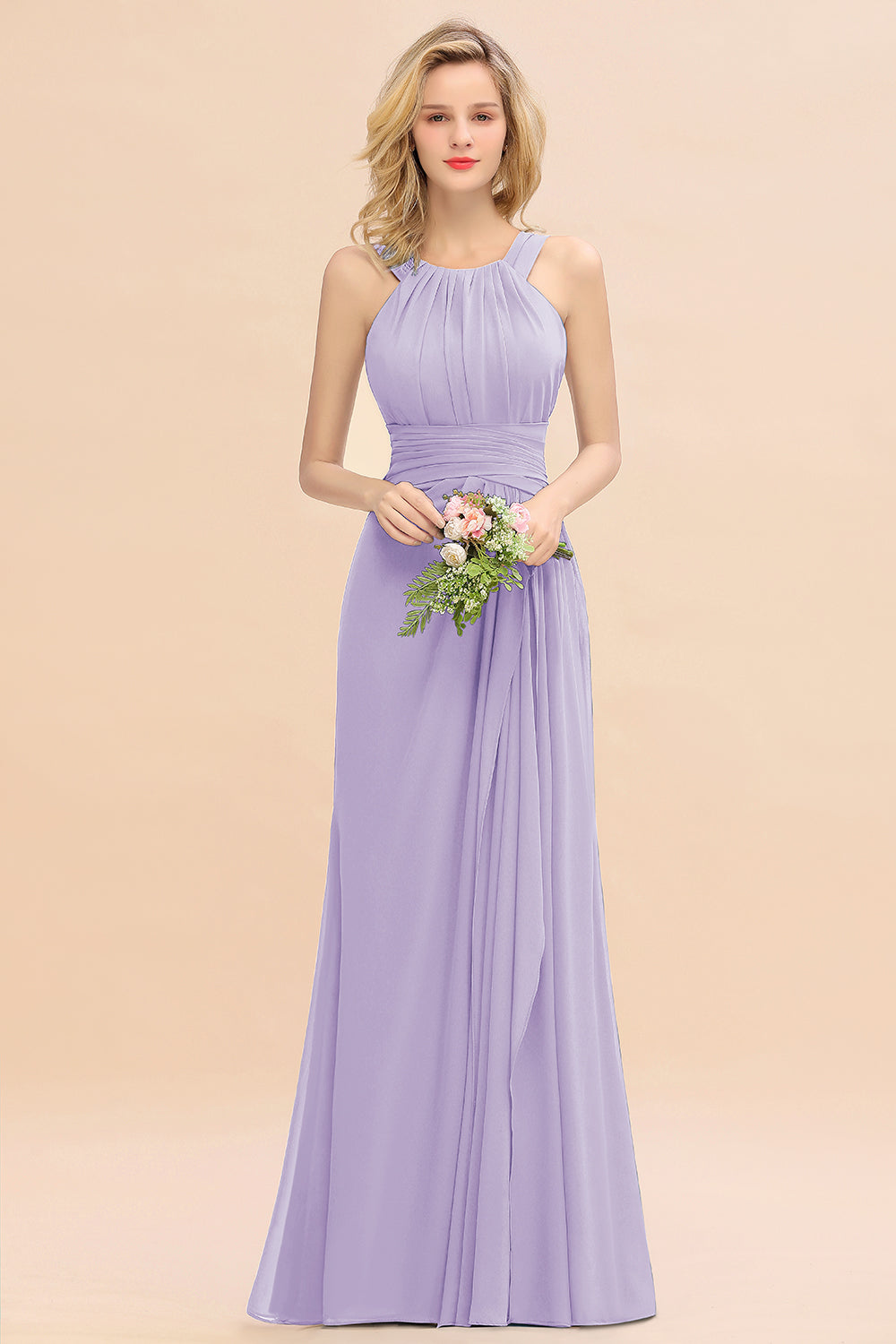Lilac Scoop Neck Chiffon A-Line Long Bridesmaid Dress
