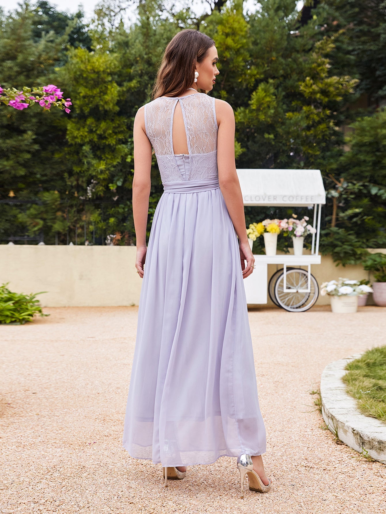 Lilac Scoop Neck Chiffon A-Line Long Bridesmaid Dress Back View