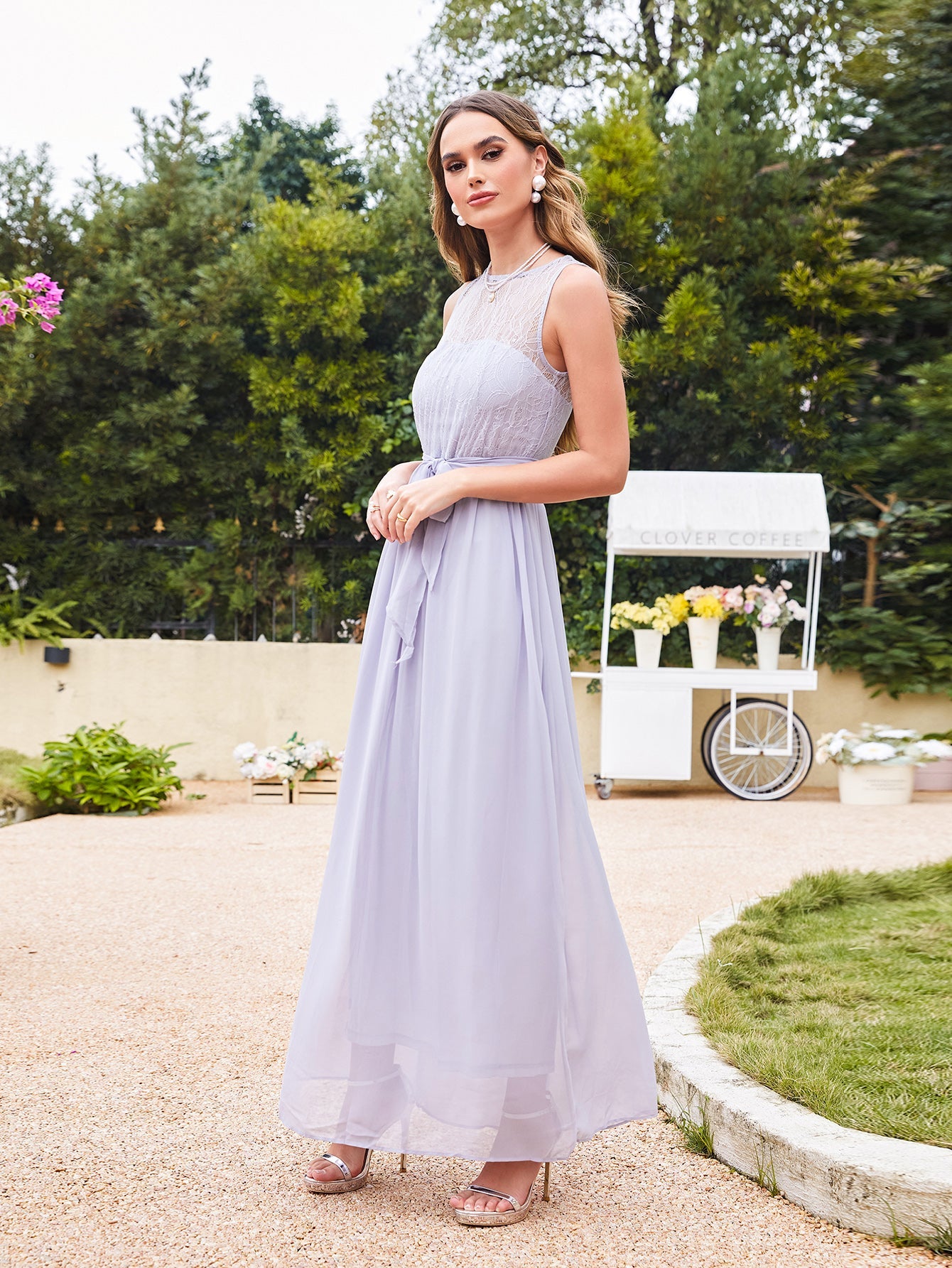 Lilac Scoop Neck Chiffon A-Line Long Bridesmaid Dress Side View