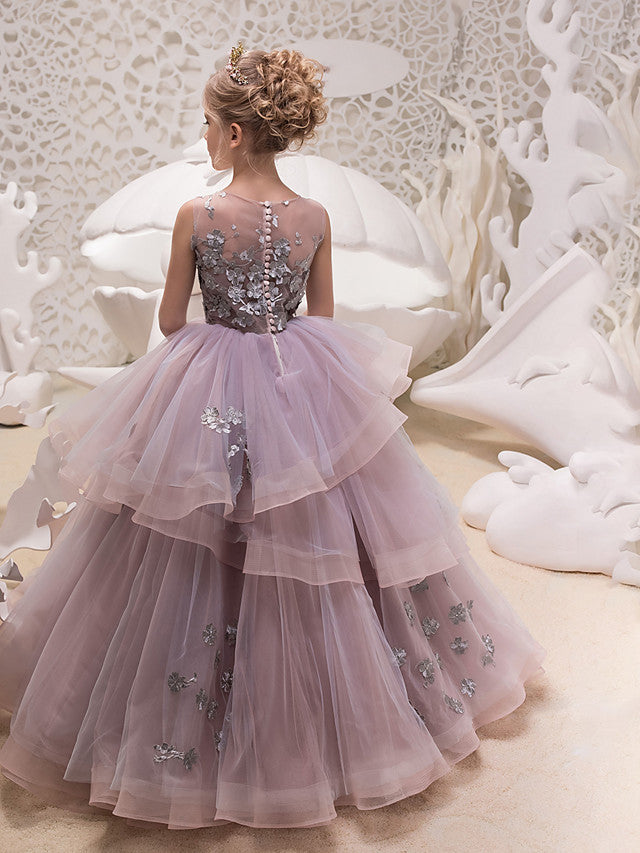 Lilac Scoop Neck Tulle Ball Gown Flower Girl Dress Back View