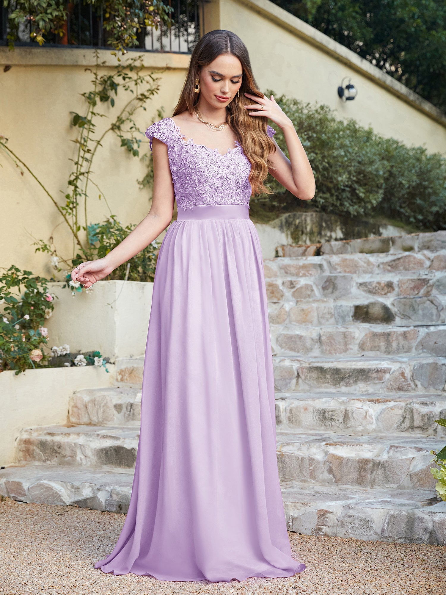 Lilac V-Neck A-Line Long Bridesmaid Dress with Lace Appliques