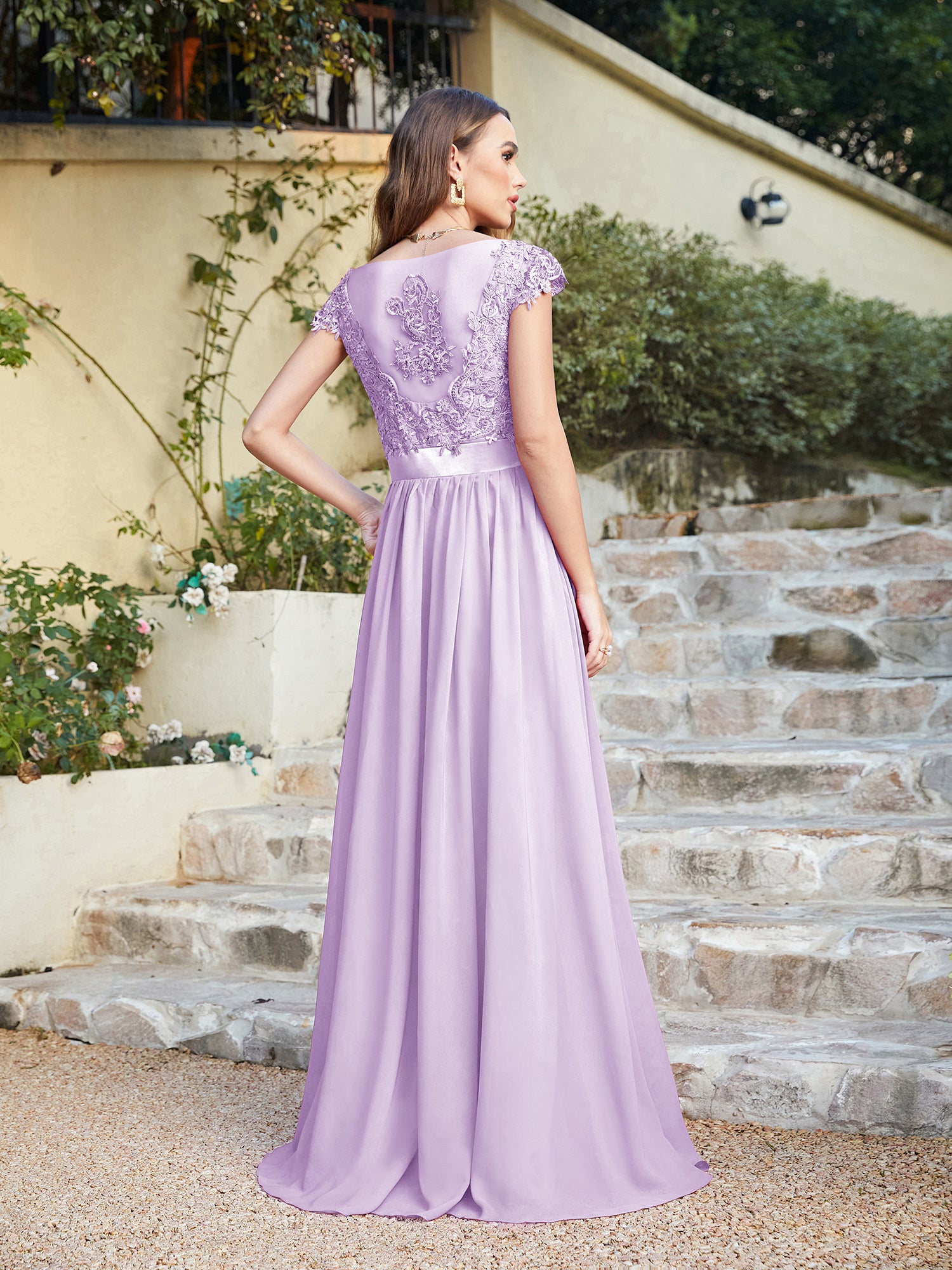 Lilac V-Neck A-Line Long Bridesmaid Dress with Lace Appliques Back View