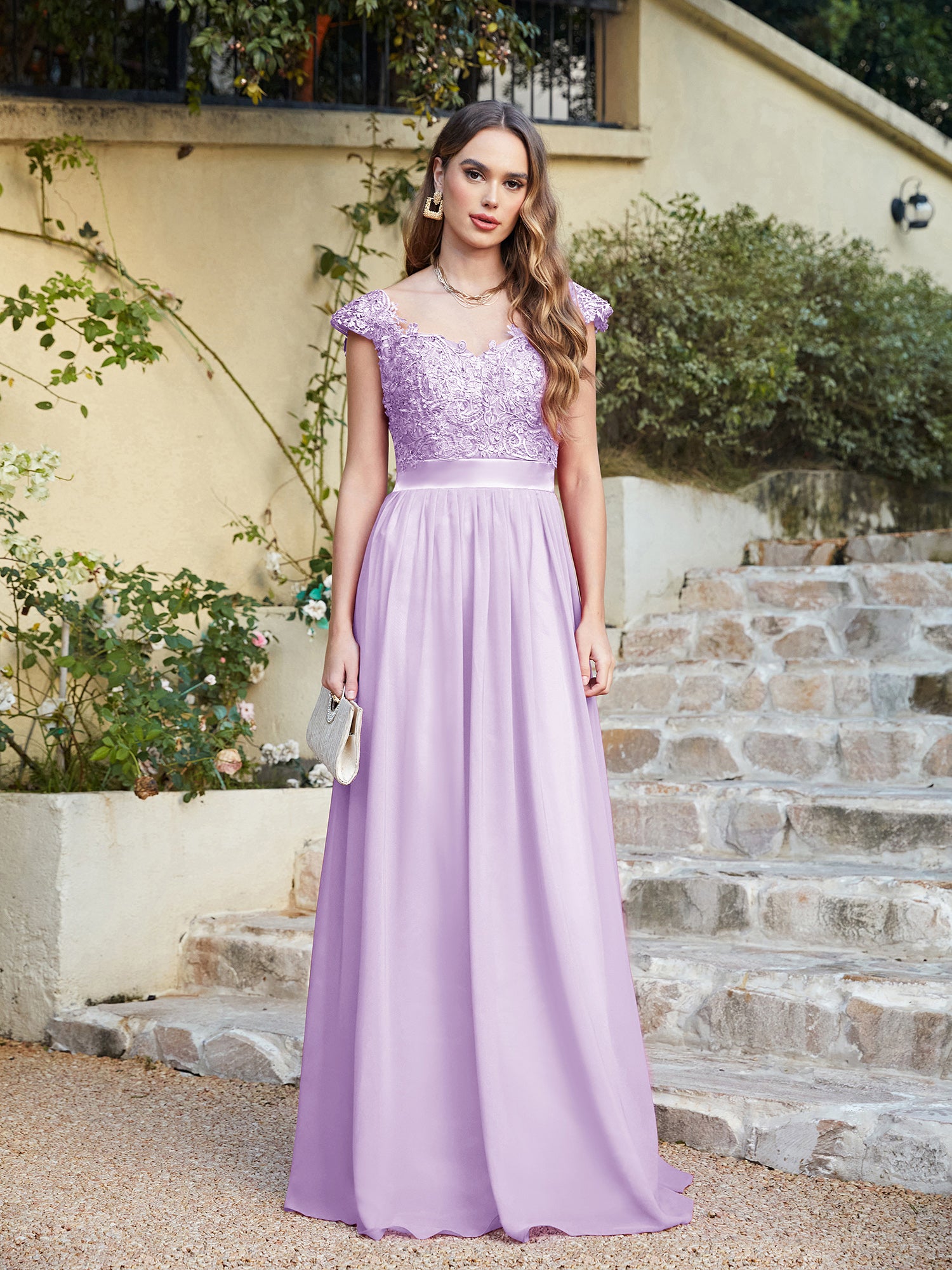Lilac V-Neck A-Line Long Bridesmaid Dress with Lace Appliques