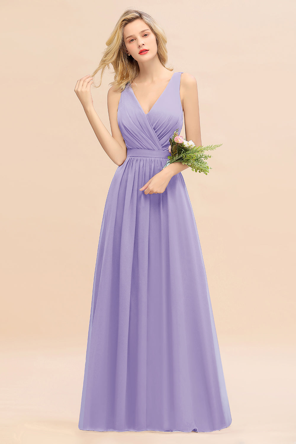 Lilac V-Neck Chiffon A-Line Long Bridesmaid Dress with Ruching