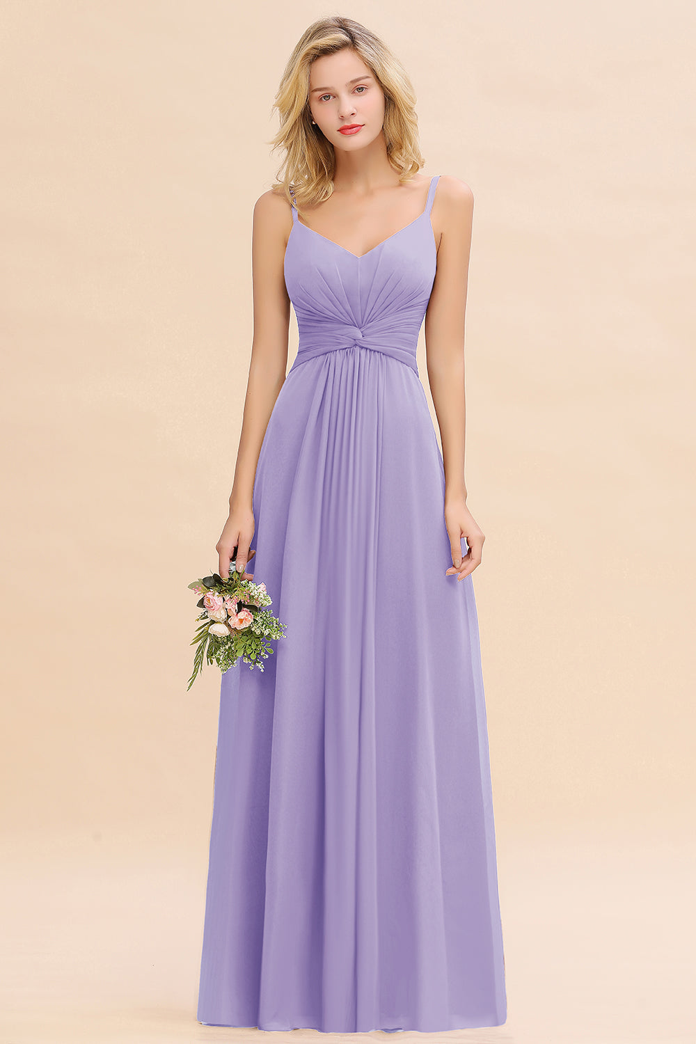 Lilac V-Neck Chiffon A-Line Long Bridesmaid Dress with Ruching