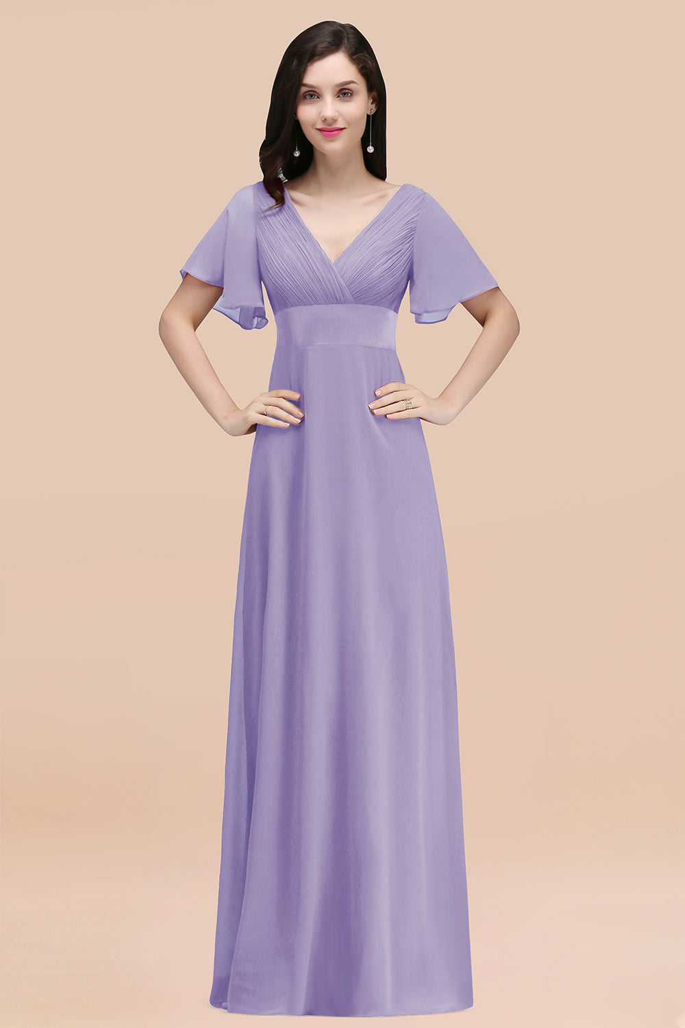 Lilac V-Neck Chiffon Empire Long Bridesmaid Dress with Pleats
