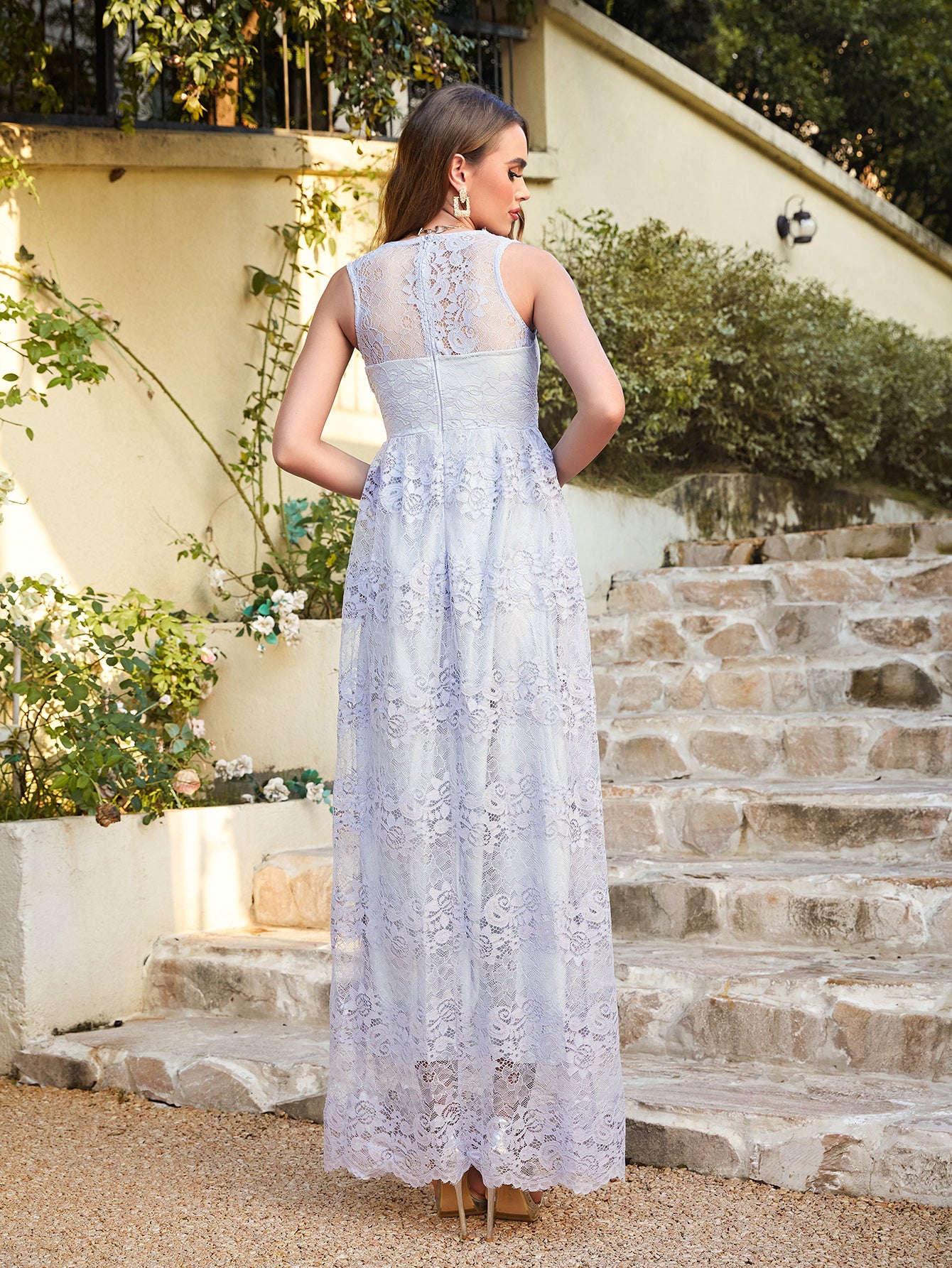 Lilac V-Neck Lace A-Line Long Bridesmaid Dress Back View
