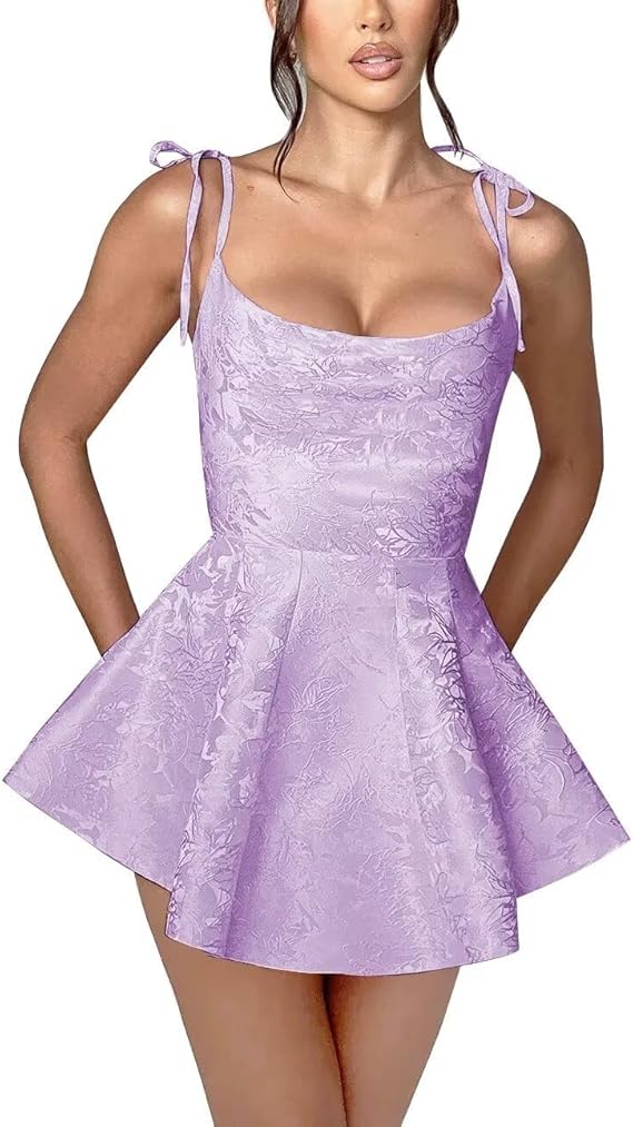 Short A-line Spaghetti Straps Satin Sleeveless Party Dress Jacquard Homecoming Dress