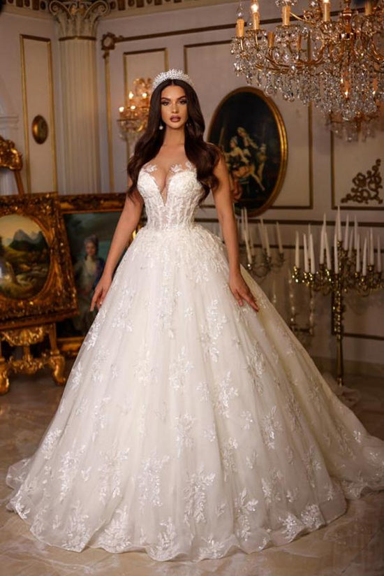 Gorgeous A-line V-neck Lace Tulle Long Wedding Dresses