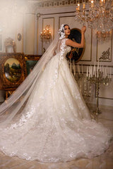 Gorgeous A-line V-neck Lace Tulle Long Wedding Dresses