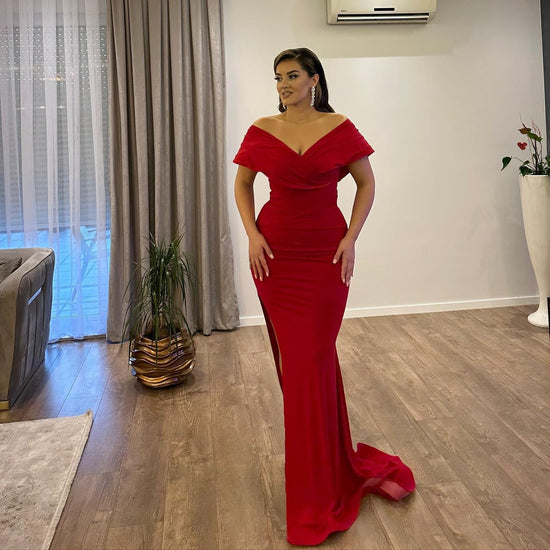 Load image into Gallery viewer, Red Mermaid Off-the-shoulder Satin Long Prom Dresses with Slit
