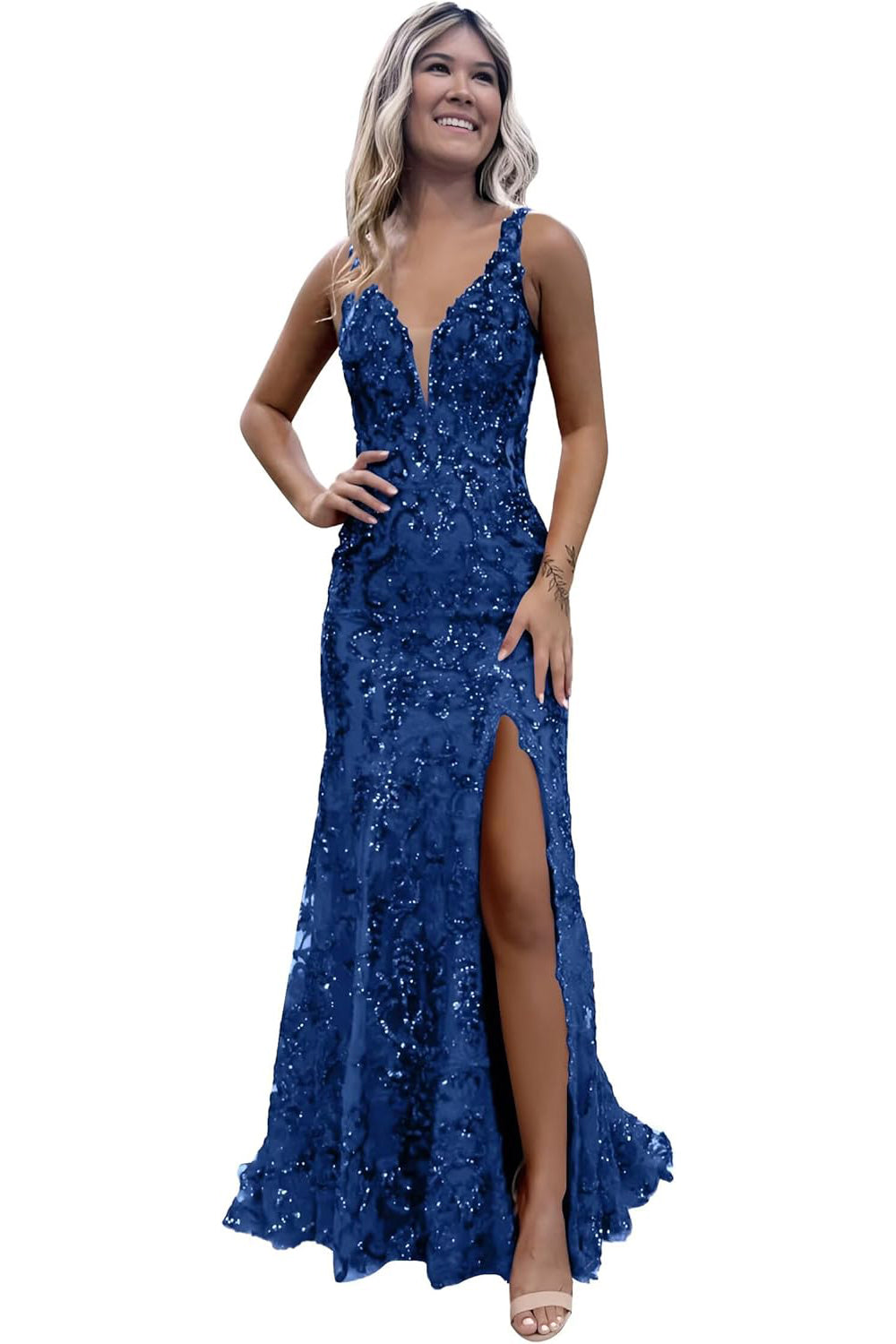V-neck Sequin Backless Long Mermaid Prom Dress with Slit